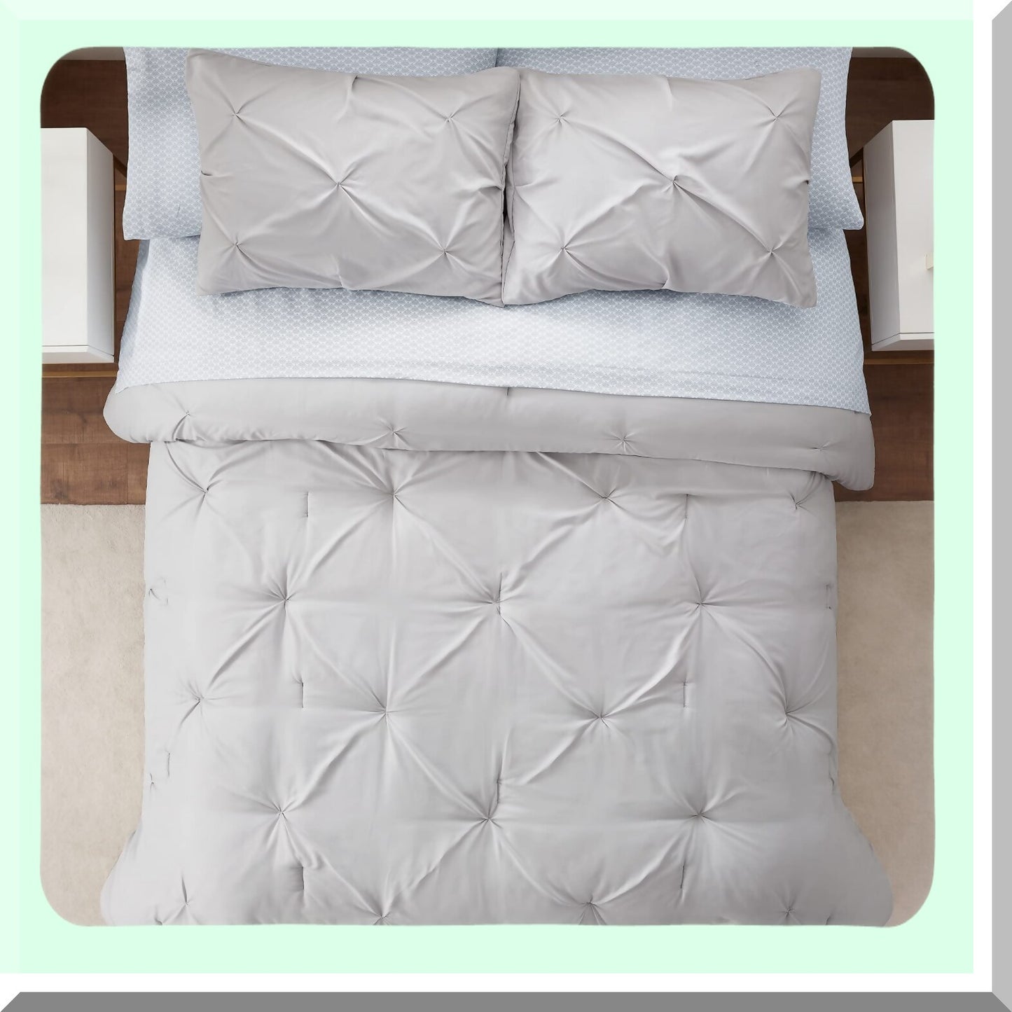 UltraLight Pleated Bedding Set - 7 Piece All Season Full Size Bed in a Bag - Simply Clean Grey Design - Lightweight and Cozy for a Restful Sleep