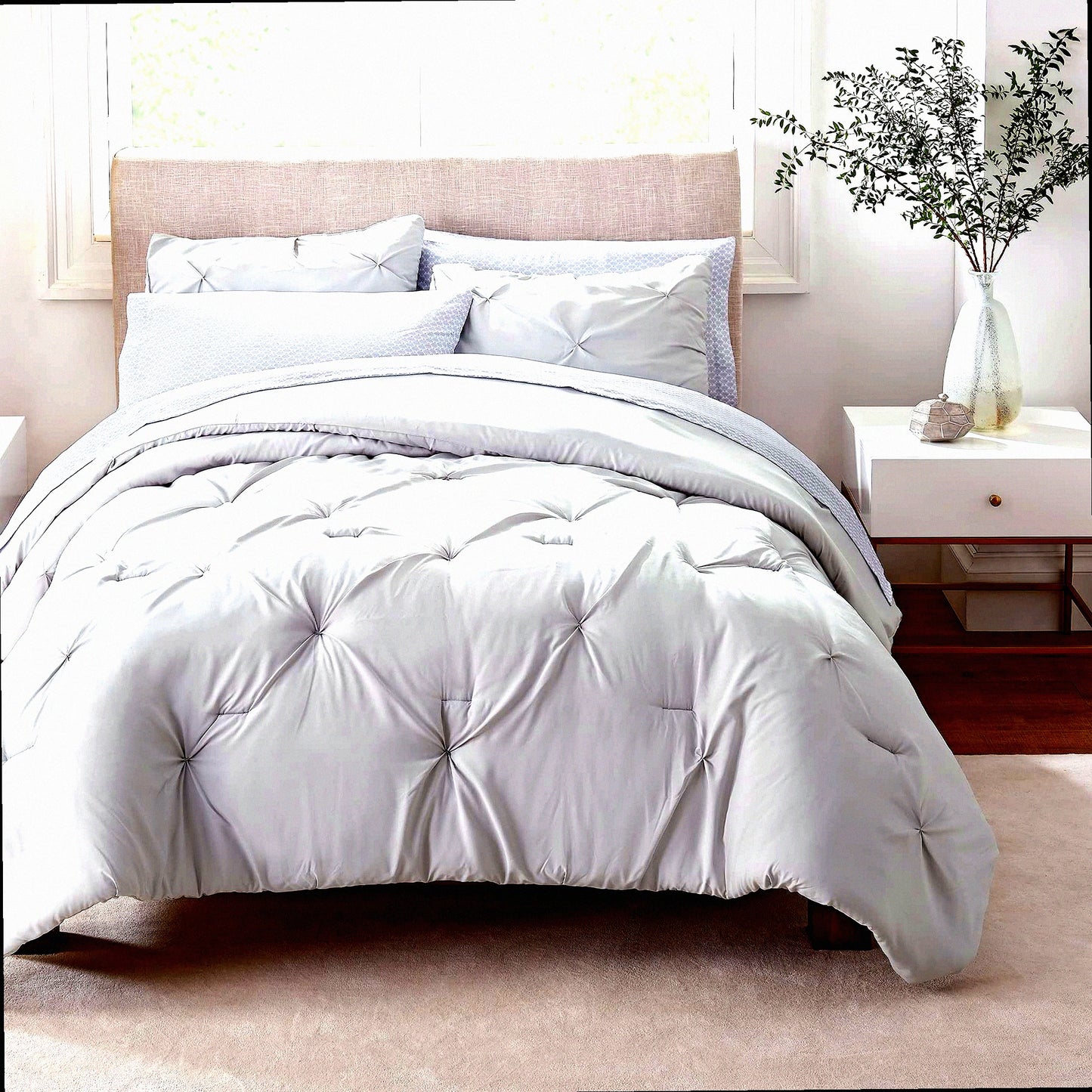 UltraLight Pleated Bedding Set - 7 Piece All Season Full Size Bed in a Bag - Simply Clean Grey Design - Lightweight and Cozy for a Restful Sleep