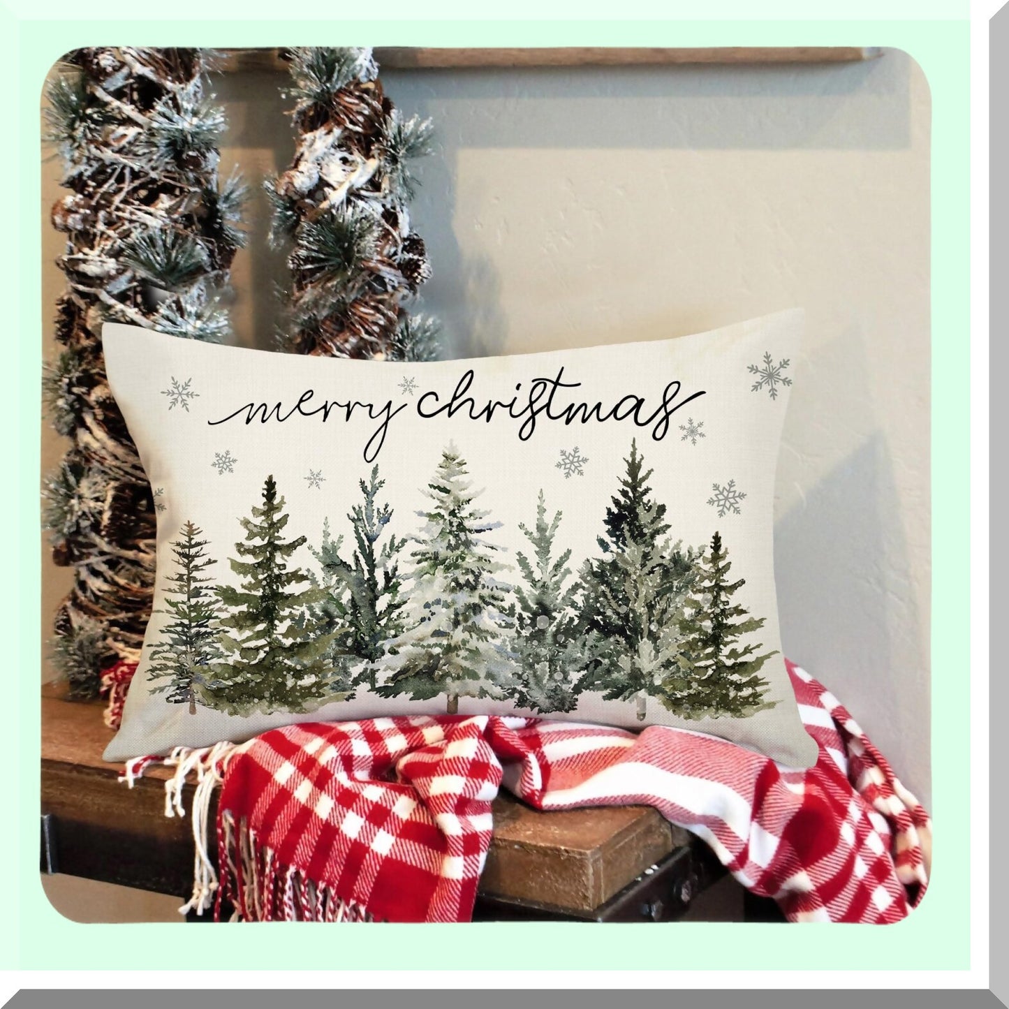 Snowflake Winter Wonderland Lumbar Pillow Cover - Farmhouse Decor Throw Cushion Case for Home Couch - 12x20 Inches Polyester Linen - Holiday Decorations