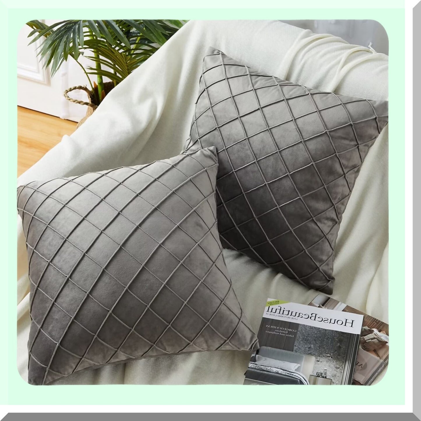 Velvet Pleated Grey Pillow Covers - Set of 2 | Soft Square Cushion Cases for Couch Sofa Bed | 18 x 18 inches Cute Home Decor Pillows