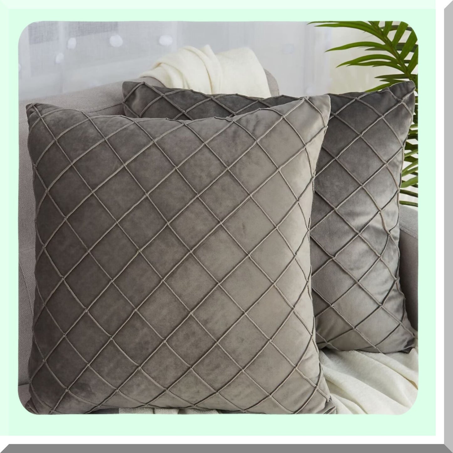 Velvet Pleated Grey Pillow Covers - Set of 2 | Soft Square Cushion Cases for Couch Sofa Bed | 18 x 18 inches Cute Home Decor Pillows
