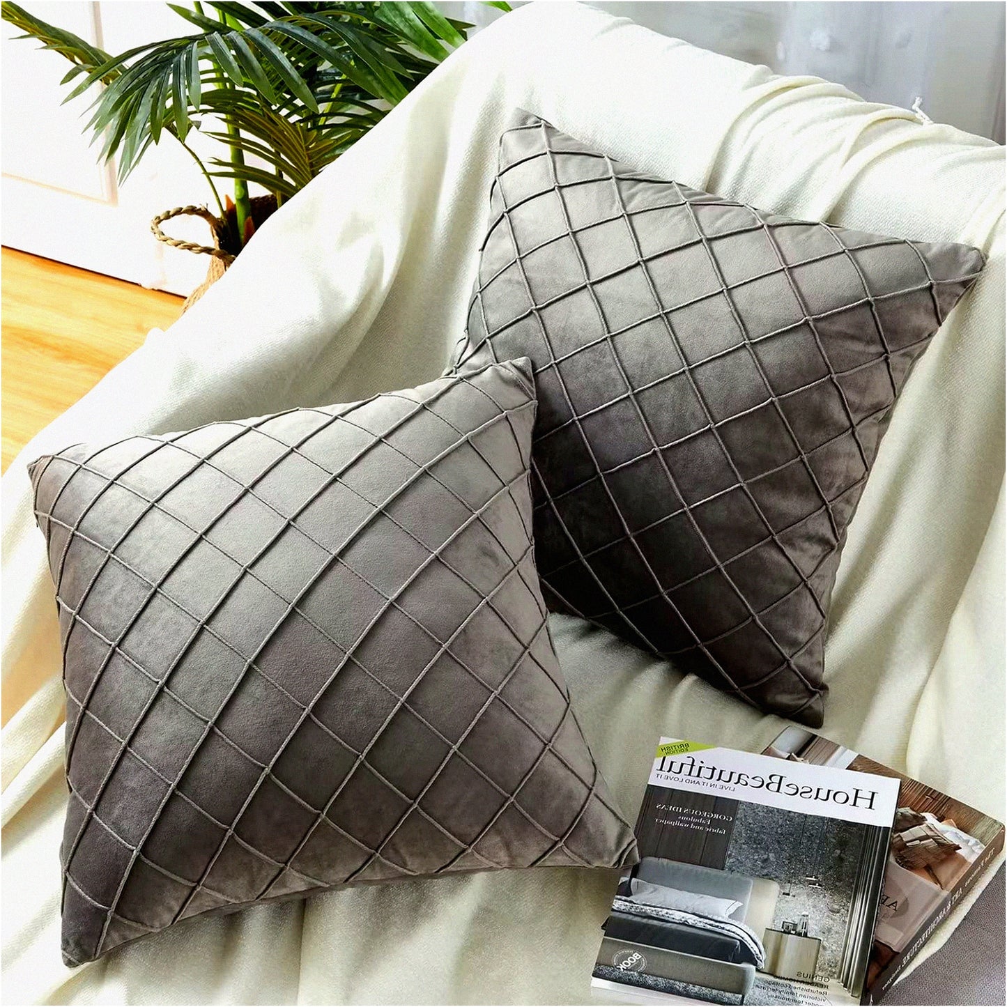 Velvet Pleated Grey Pillow Covers - Set of 2 | Soft Square Cushion Cases for Couch Sofa Bed | 18 x 18 inches Cute Home Decor Pillows