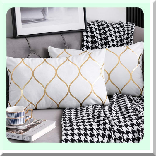 LuxuryGoldVelvetPillowCovers - Set of 2 Off White 12x20 Inch Rectangular Decorative Cases for Bedroom, Sofa, Couch, Living Room - Soft & Elegant