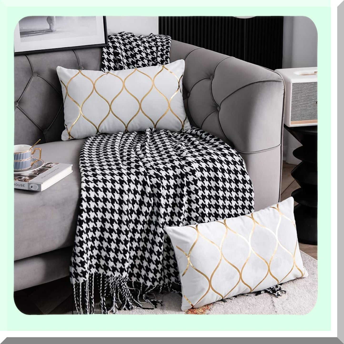 LuxuryGoldVelvetPillowCovers - Set of 2 Off White 12x20 Inch Rectangular Decorative Cases for Bedroom, Sofa, Couch, Living Room - Soft & Elegant