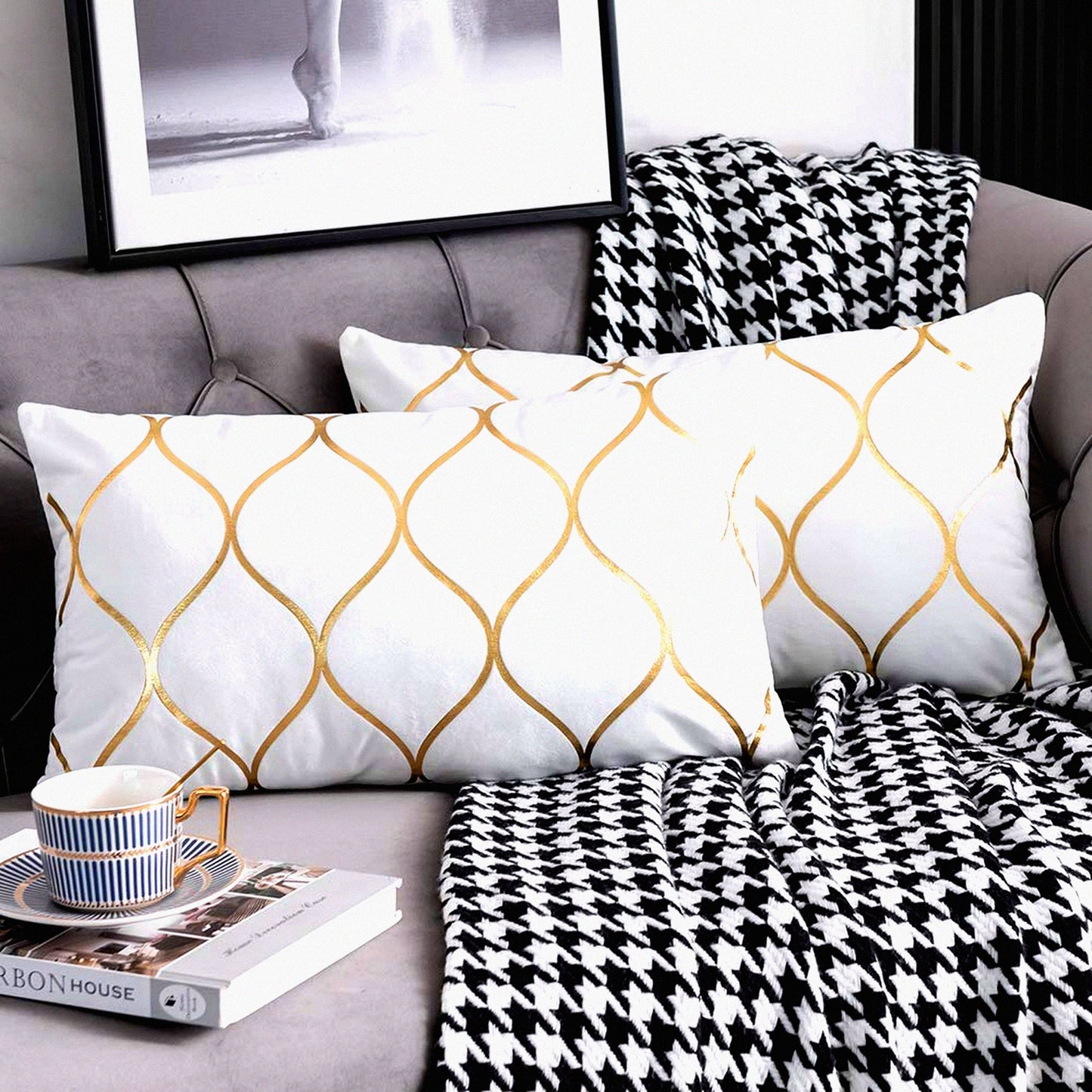 LuxuryGoldVelvetPillowCovers - Set of 2 Off White 12x20 Inch Rectangular Decorative Cases for Bedroom, Sofa, Couch, Living Room - Soft & Elegant