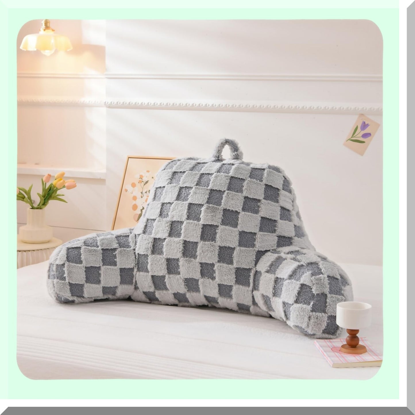 Checkered Comfort Rest Pillow - Bed Wedge Backrest with Arms Support for Sitting Up, Incline Cushion for Sleeping & Snoring - Grey, Large