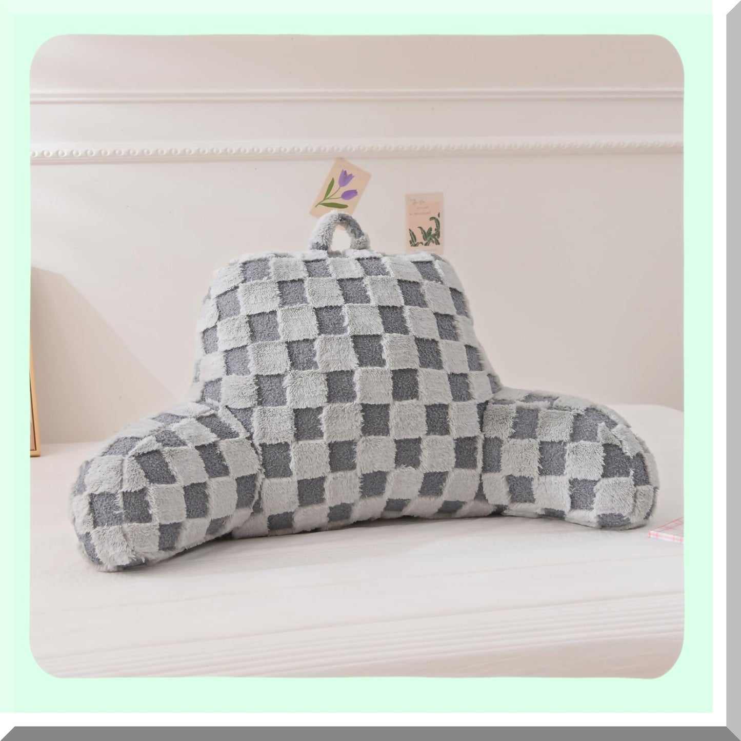 Checkered Comfort Rest Pillow - Bed Wedge Backrest with Arms Support for Sitting Up, Incline Cushion for Sleeping & Snoring - Grey, Large