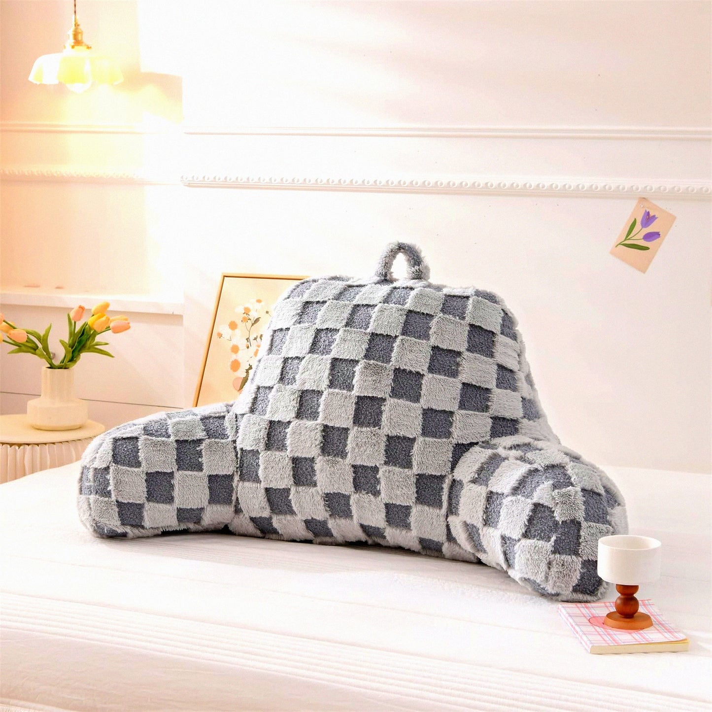 Checkered Comfort Rest Pillow - Bed Wedge Backrest with Arms Support for Sitting Up, Incline Cushion for Sleeping & Snoring - Grey, Large