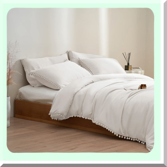 Boho White Pom Pom Queen Comforter Set - 5 Piece Bedding Set with Fringe, 2 Pillowcases, 2 Pillowshams - Queen Size Comforters