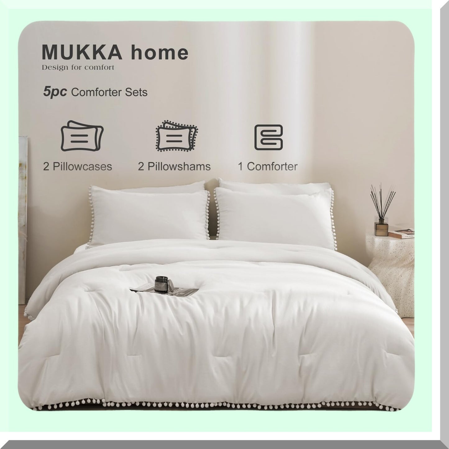 Boho White Pom Pom Queen Comforter Set - 5 Piece Bedding Set with Fringe, 2 Pillowcases, 2 Pillowshams - Queen Size Comforters