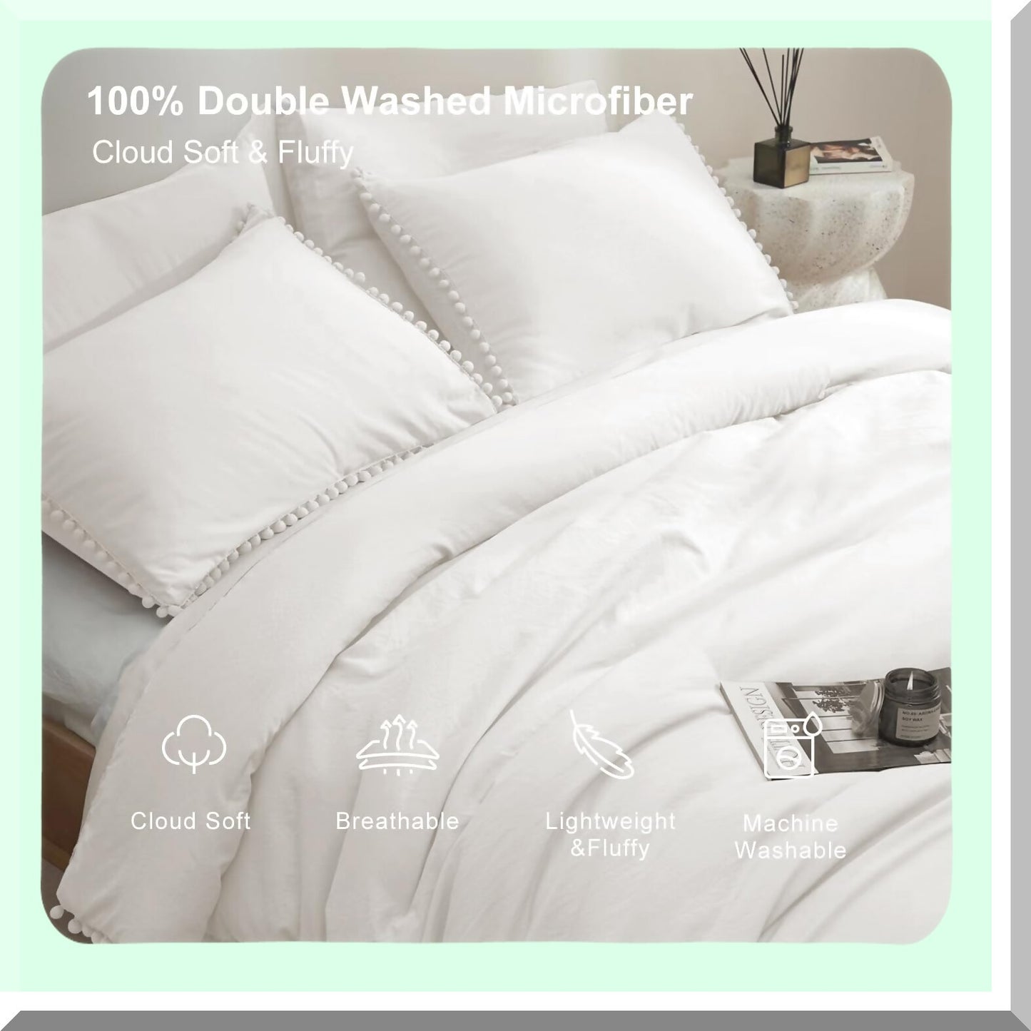 Boho White Pom Pom Queen Comforter Set - 5 Piece Bedding Set with Fringe, 2 Pillowcases, 2 Pillowshams - Queen Size Comforters