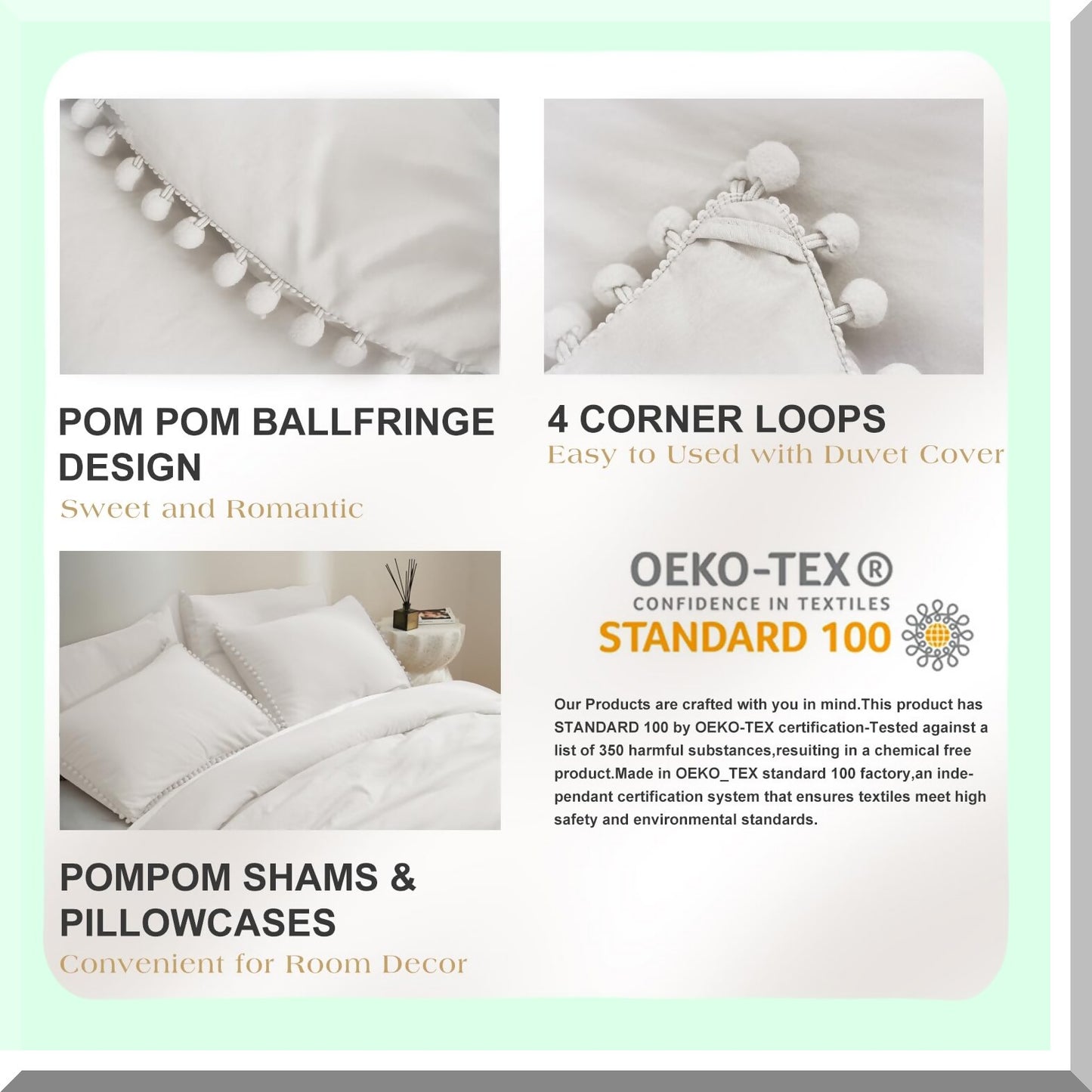 Boho White Pom Pom Queen Comforter Set - 5 Piece Bedding Set with Fringe, 2 Pillowcases, 2 Pillowshams - Queen Size Comforters