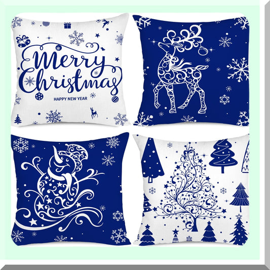 Winter Wonderland Holiday Pillow Covers - Set of 4 Blue Throw Pillow Covers 20x20 with Trees, Deer, Snowman & Merry Decor for Farmhouse Decoration