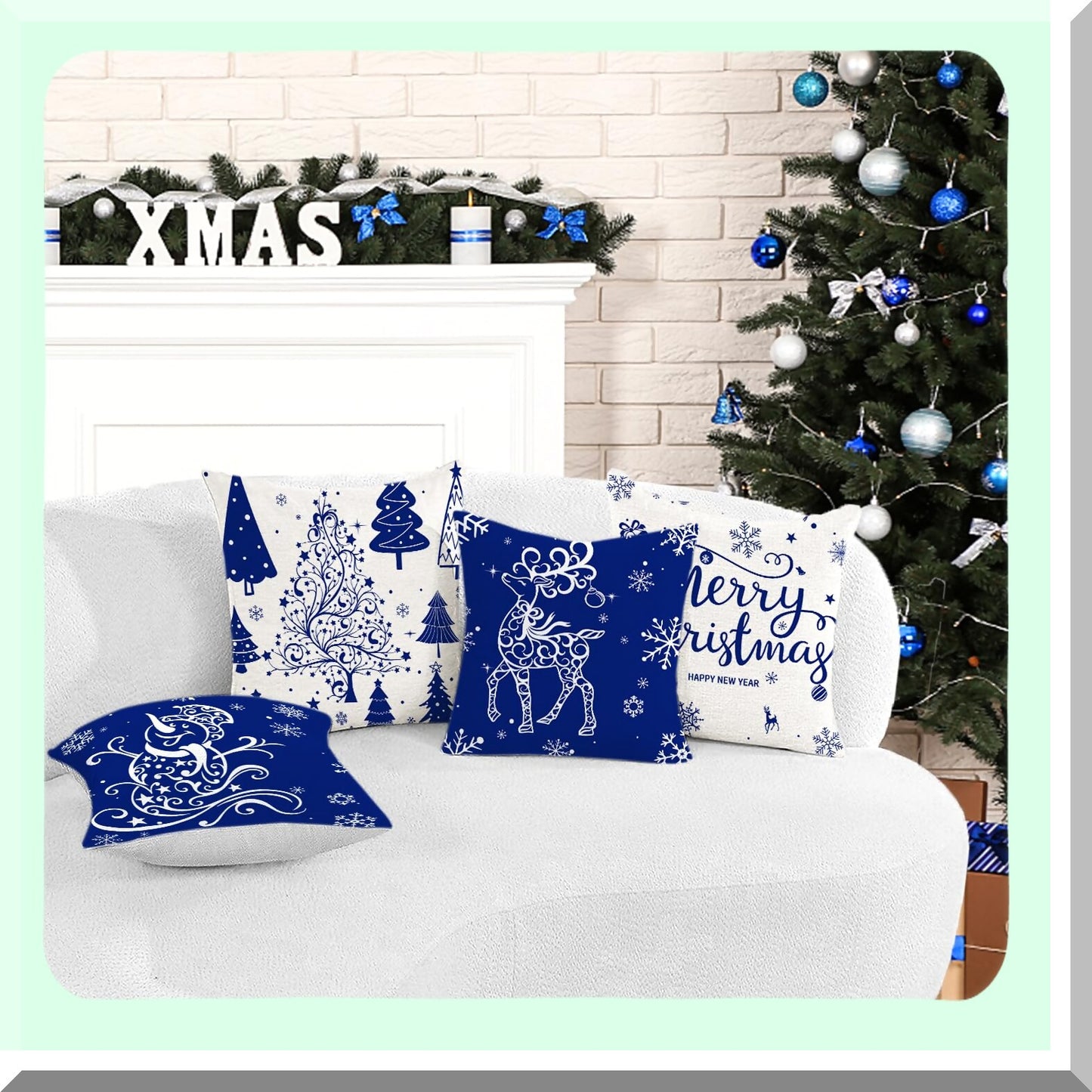 Winter Wonderland Holiday Pillow Covers - Set of 4 Blue Throw Pillow Covers 20x20 with Trees, Deer, Snowman & Merry Decor for Farmhouse Decoration