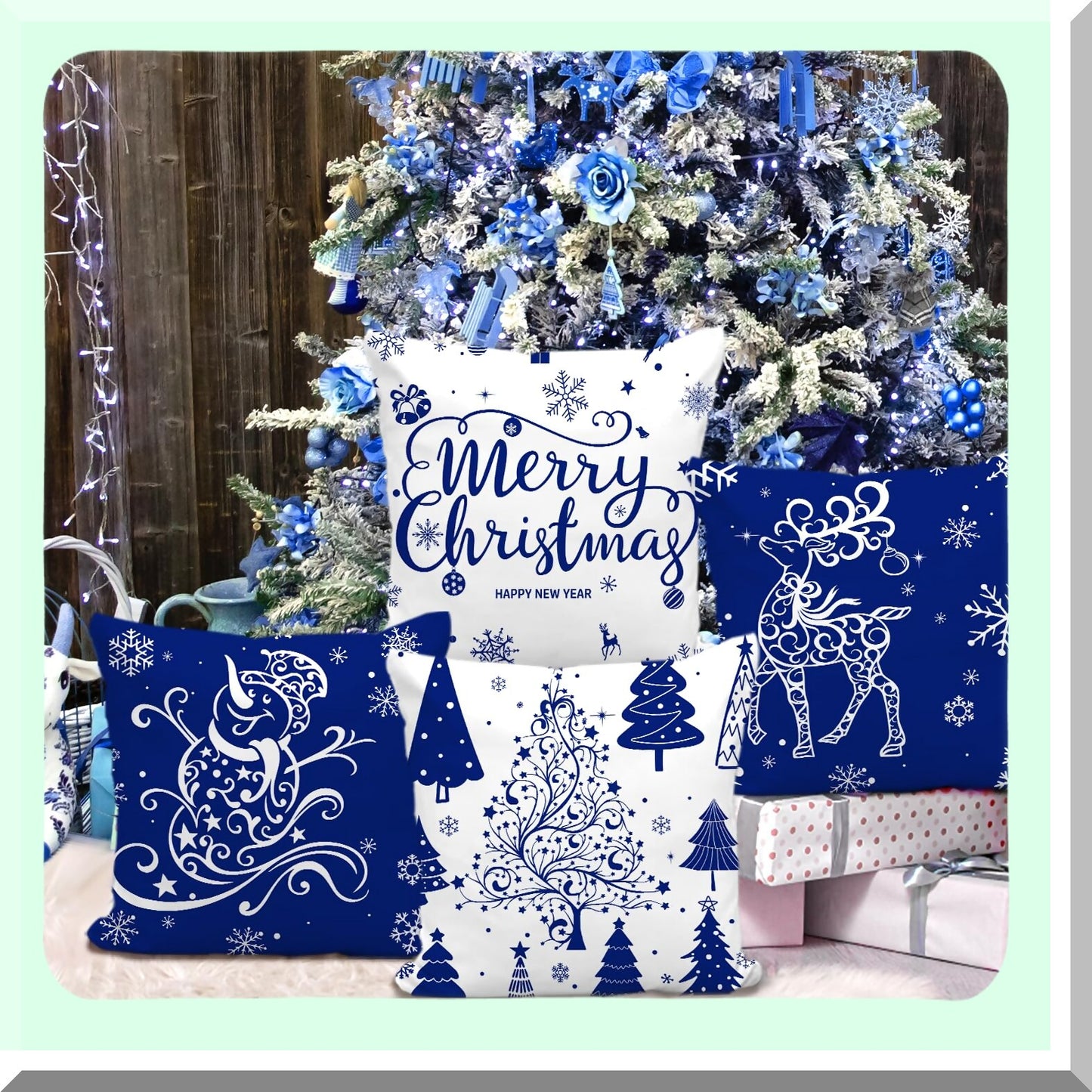 Winter Wonderland Holiday Pillow Covers - Set of 4 Blue Throw Pillow Covers 20x20 with Trees, Deer, Snowman & Merry Decor for Farmhouse Decoration