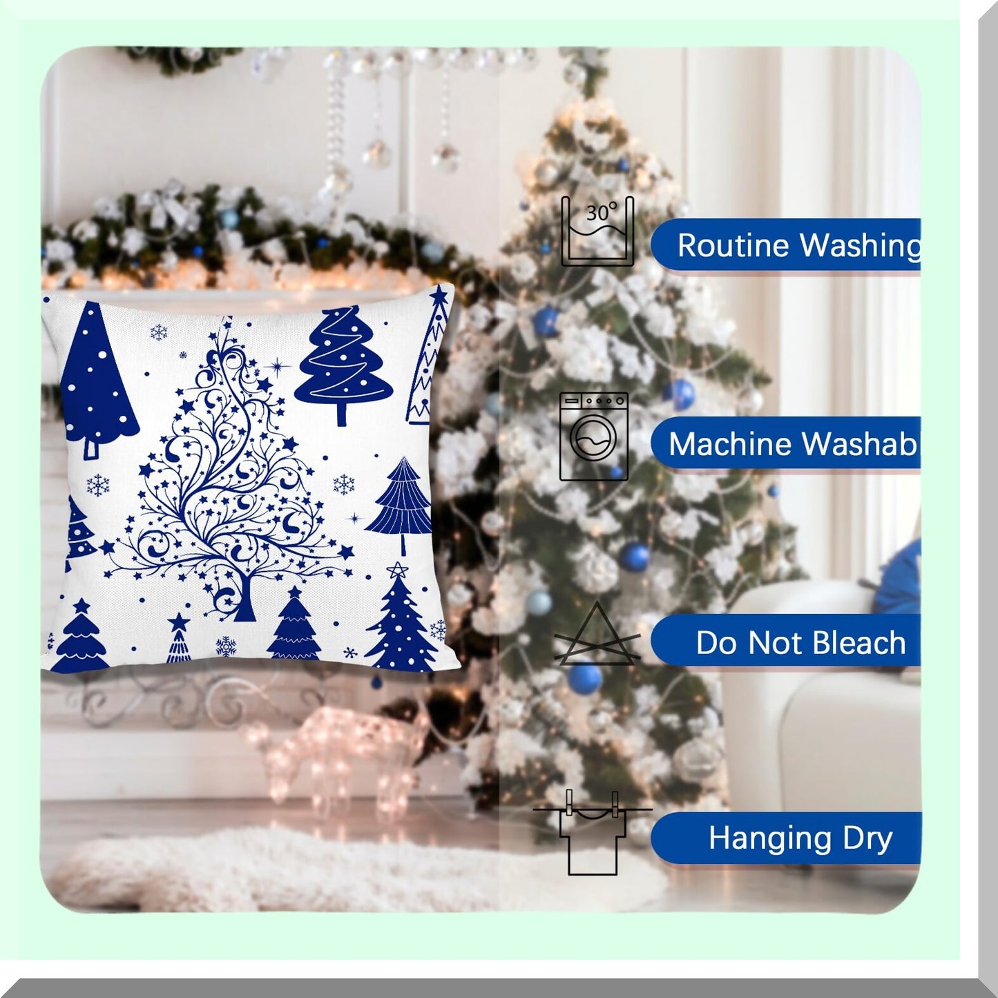 Winter Wonderland Holiday Pillow Covers - Set of 4 Blue Throw Pillow Covers 20x20 with Trees, Deer, Snowman & Merry Decor for Farmhouse Decoration