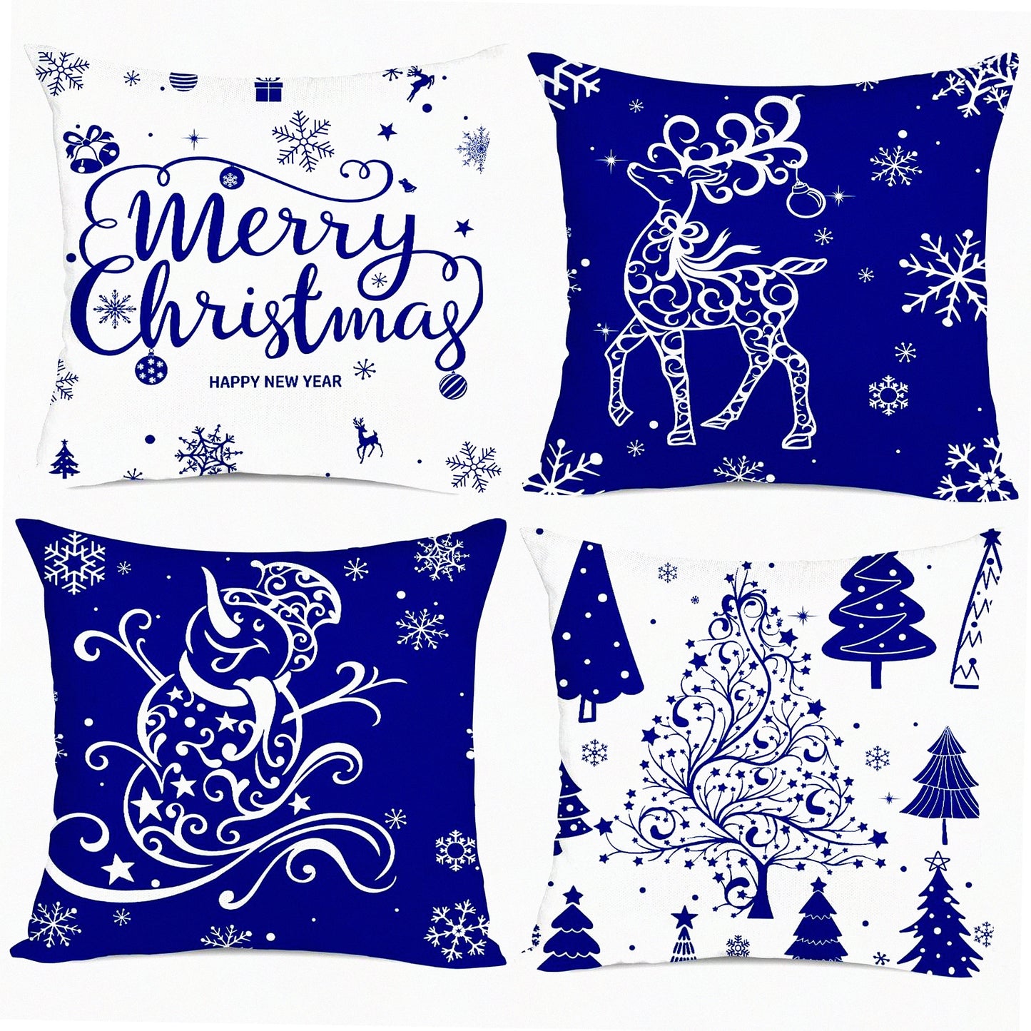 Winter Wonderland Holiday Pillow Covers - Set of 4 Blue Throw Pillow Covers 20x20 with Trees, Deer, Snowman & Merry Decor for Farmhouse Decoration