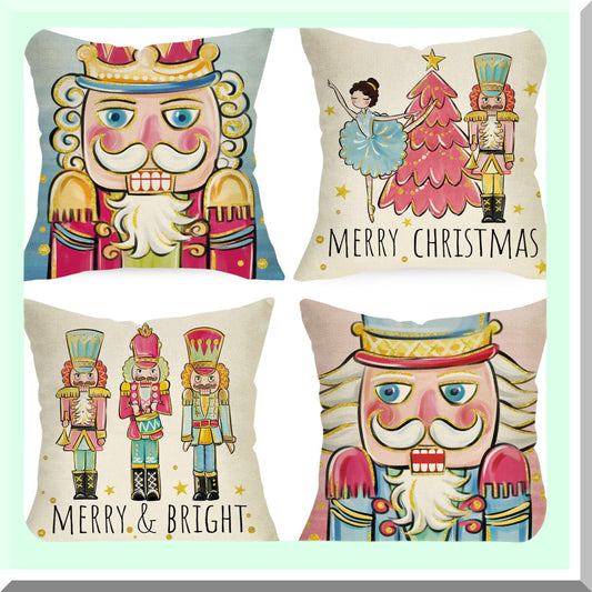 Winter Wonderland Nutcracker Pillow Covers - Set of 4, Festive Pink Xmas Tree Soldier Toy Cushion Cases, Cozy Holiday Decor for Sofa & Couch