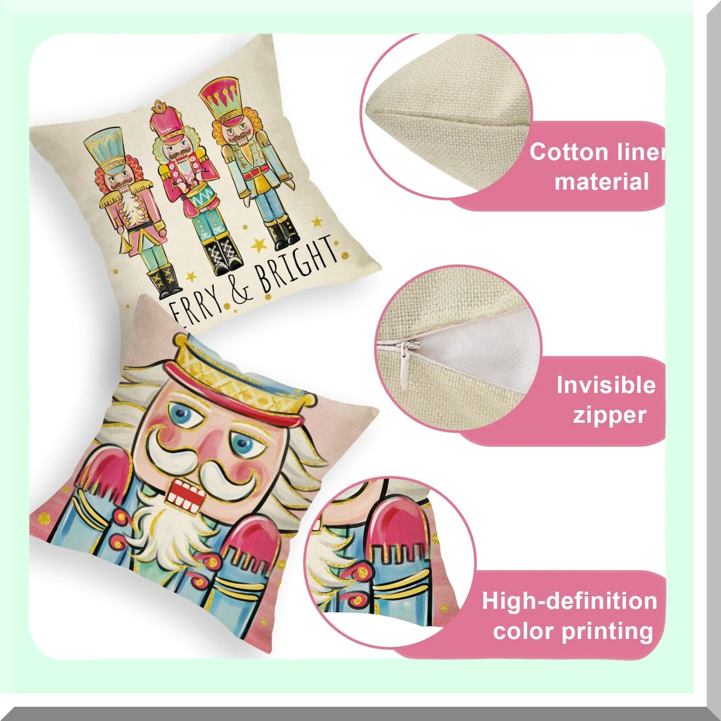 Winter Wonderland Nutcracker Pillow Covers - Set of 4, Festive Pink Xmas Tree Soldier Toy Cushion Cases, Cozy Holiday Decor for Sofa & Couch