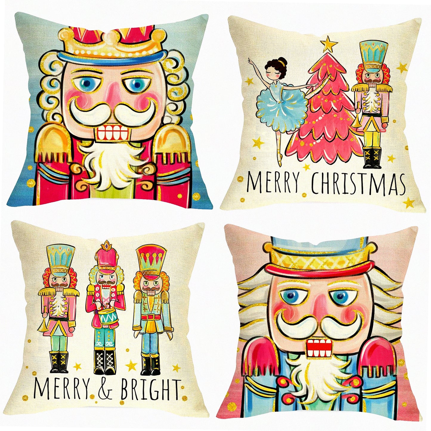 Winter Wonderland Nutcracker Pillow Covers - Set of 4, Festive Pink Xmas Tree Soldier Toy Cushion Cases, Cozy Holiday Decor for Sofa & Couch