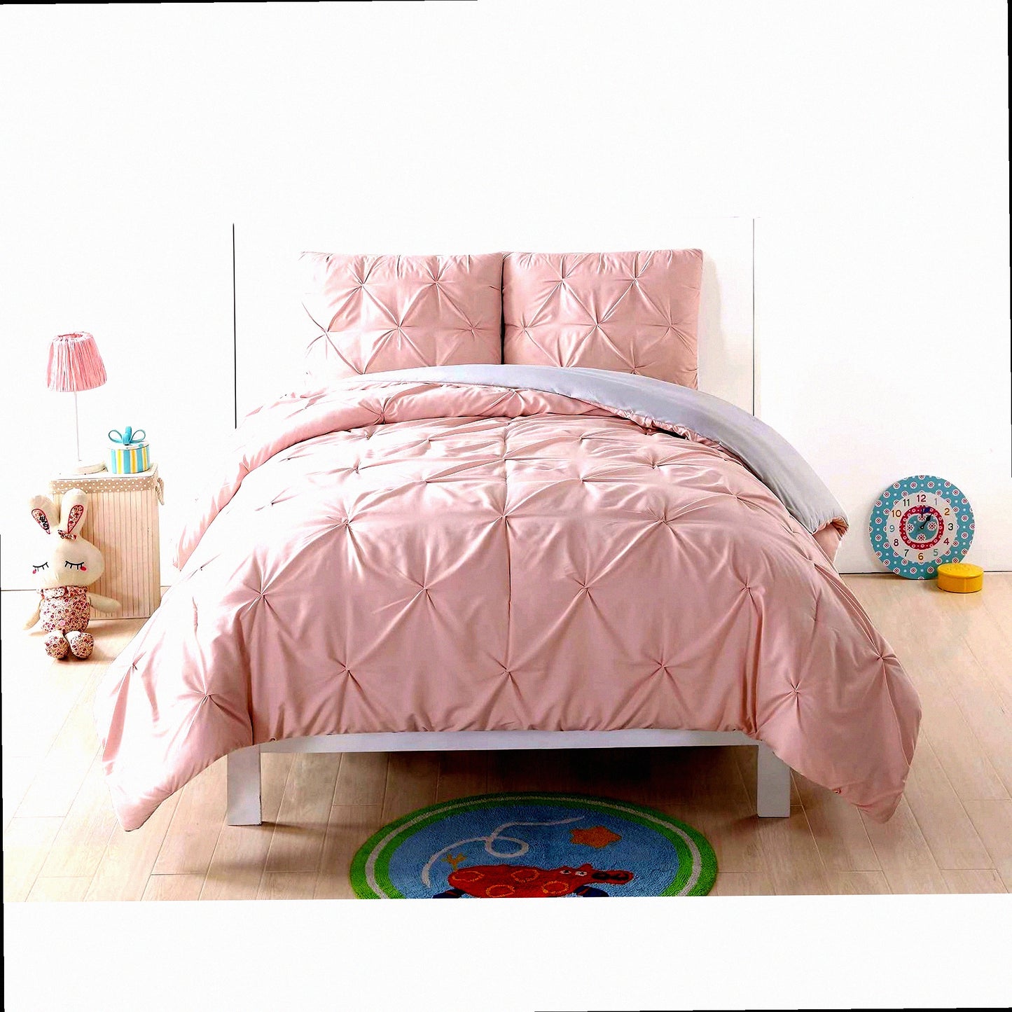 Luxury Pleated Comforter Set - Full/Queen Size - 3-Piece Bedding Set in Blush and Silver Grey - Soft, Cozy, Elegant Design for Bedroom Décor