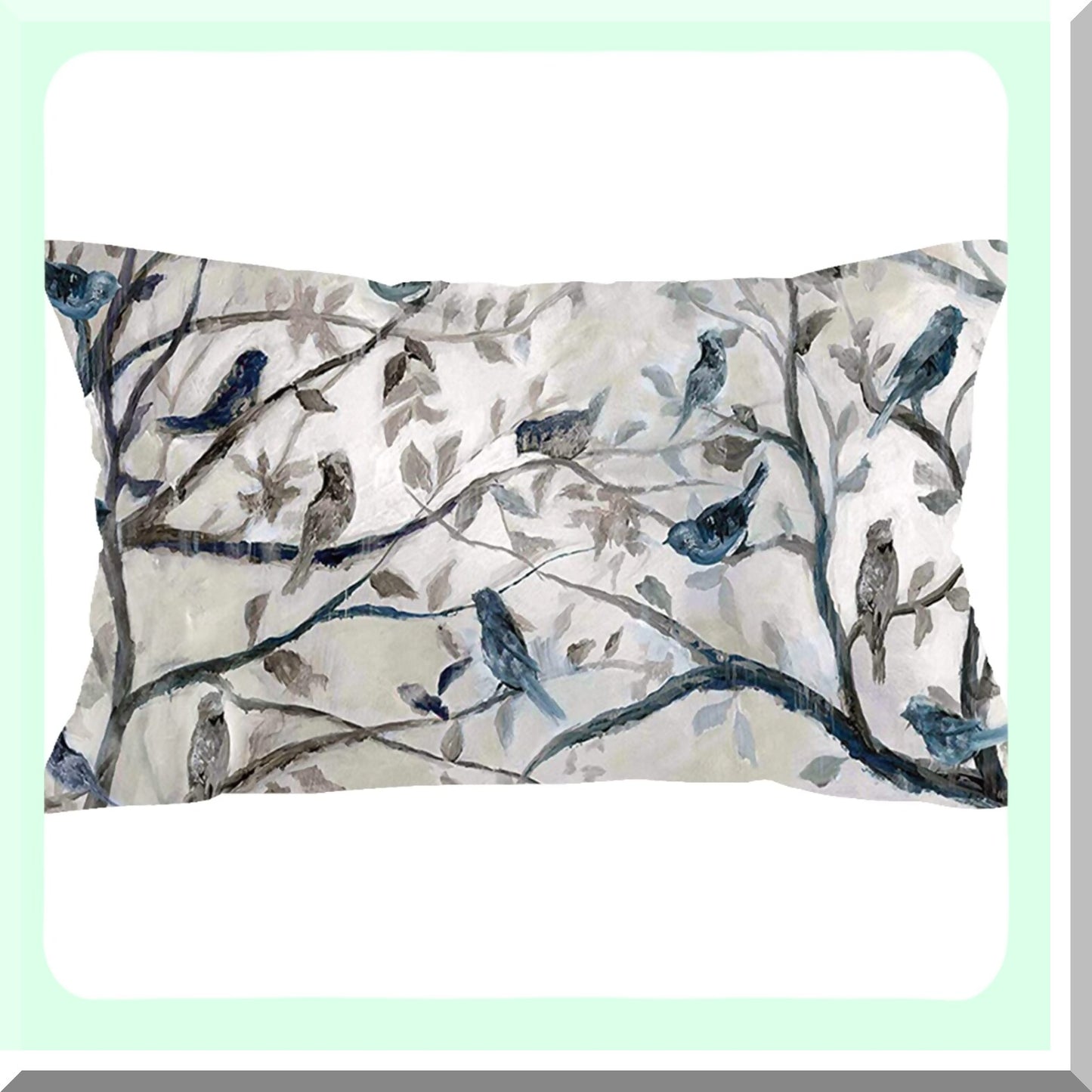 Grey Blue Birds Trees Leaves Watercolor Velvet Lumbar Pillow Cover - Soft Decorative Throw Case for Home Living Room Bed Sofa Car - 12 x 20 Inches