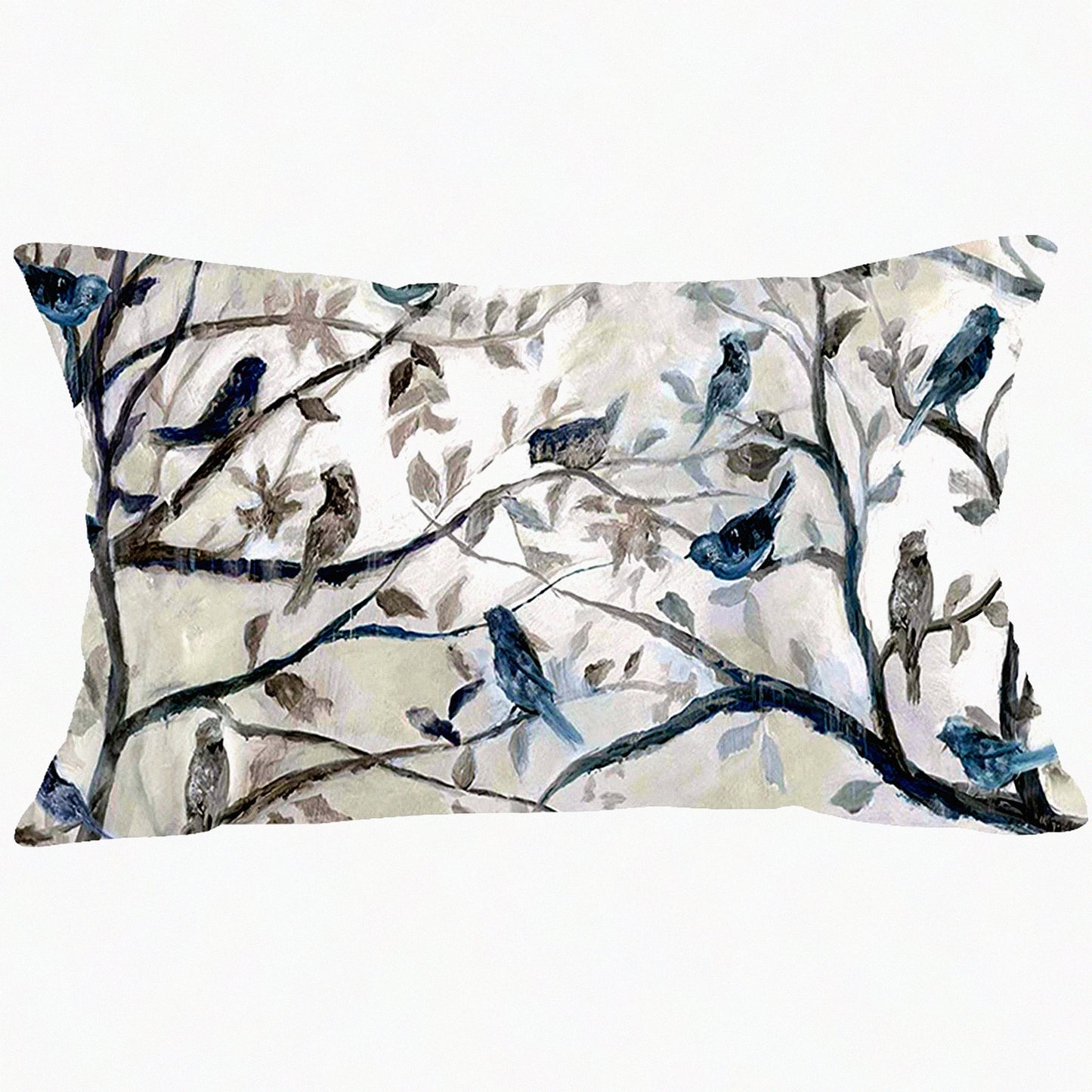 Grey Blue Birds Trees Leaves Watercolor Velvet Lumbar Pillow Cover - Soft Decorative Throw Case for Home Living Room Bed Sofa Car - 12 x 20 Inches
