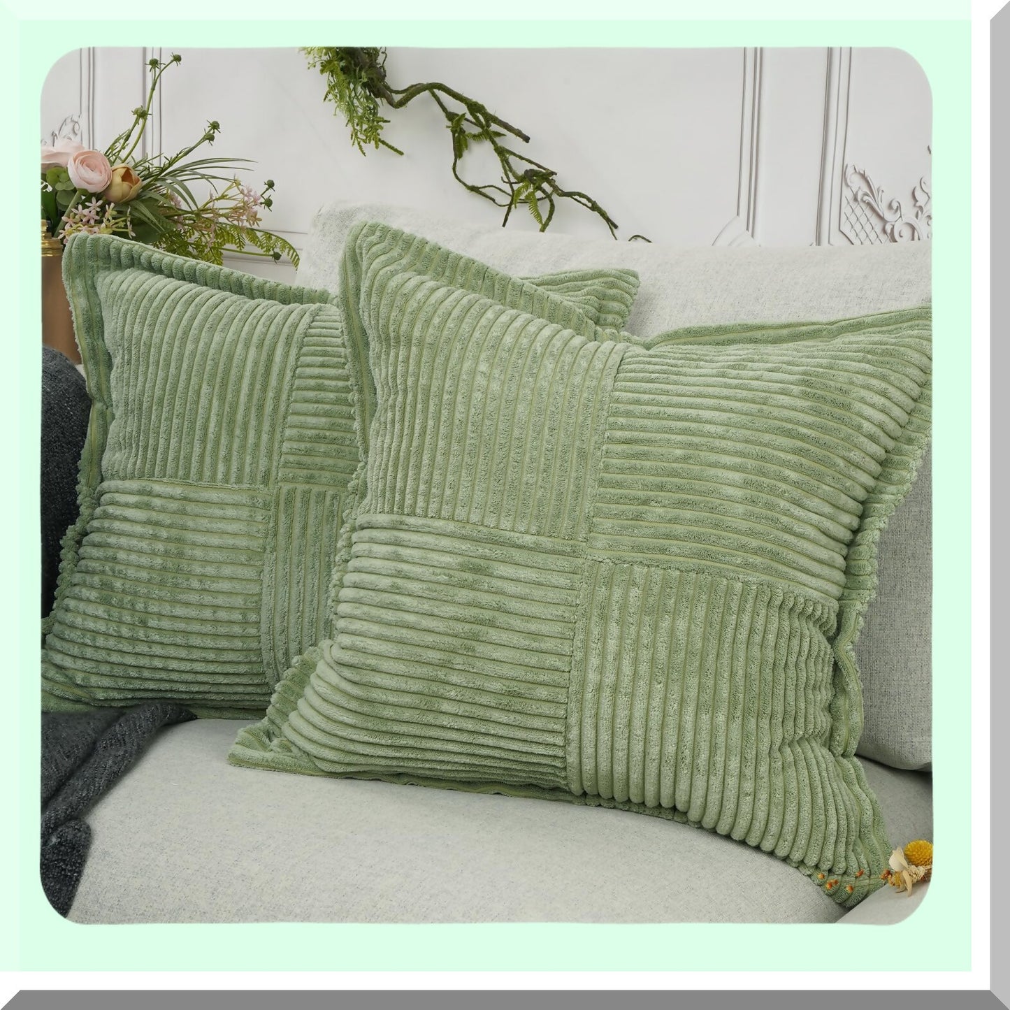 Boho Stripe Corduroy Pillow Covers Set - Super Soft Splicing Decorative Throw Pillows - Broadside Textured Cushion Covers for Couch - 18x18 Sage Green