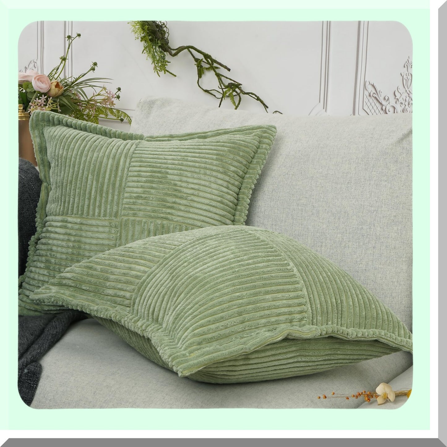 Boho Stripe Corduroy Pillow Covers Set - Super Soft Splicing Decorative Throw Pillows - Broadside Textured Cushion Covers for Couch - 18x18 Sage Green