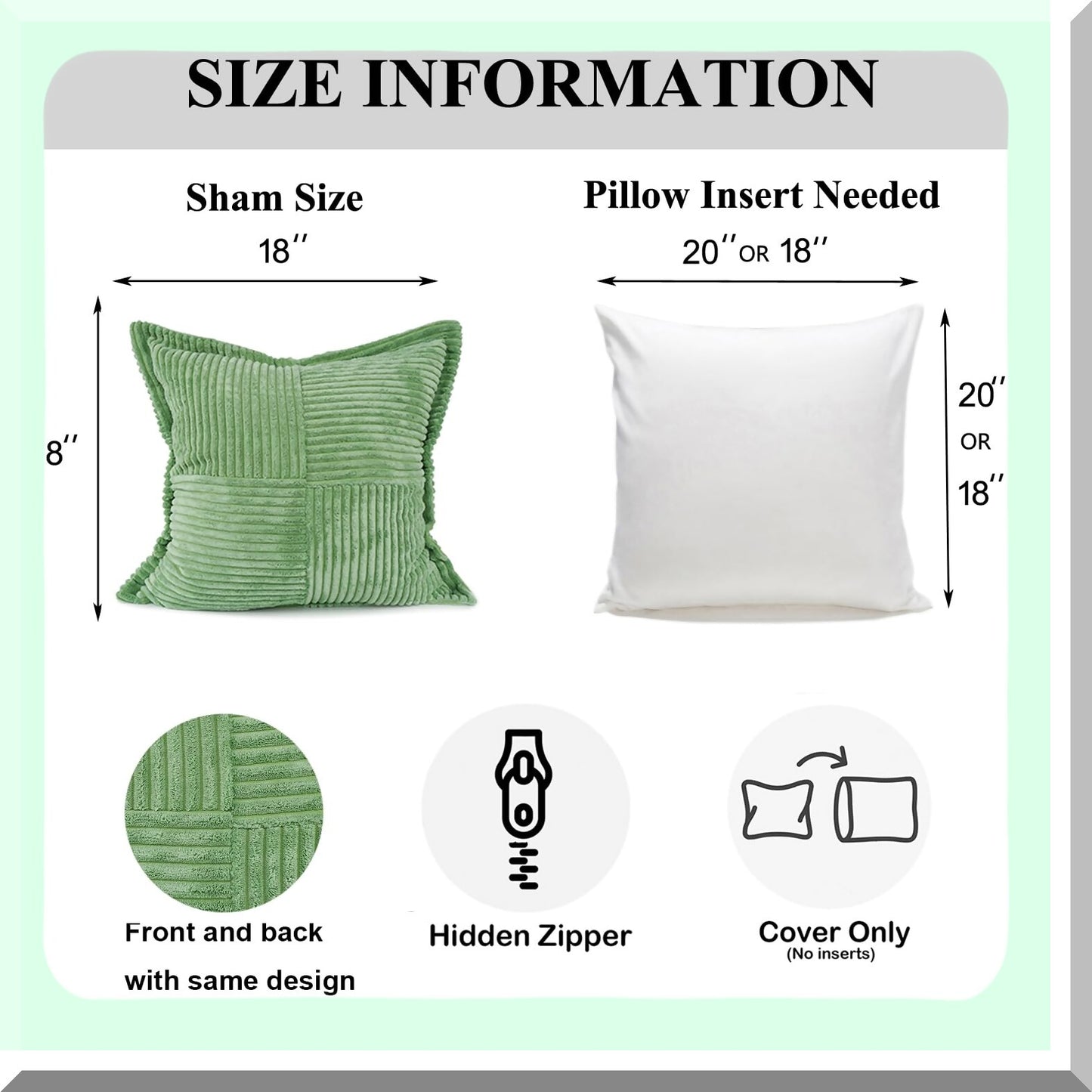 Boho Stripe Corduroy Pillow Covers Set - Super Soft Splicing Decorative Throw Pillows - Broadside Textured Cushion Covers for Couch - 18x18 Sage Green