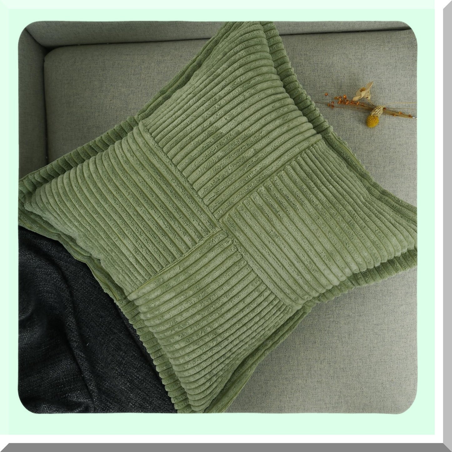 Boho Stripe Corduroy Pillow Covers Set - Super Soft Splicing Decorative Throw Pillows - Broadside Textured Cushion Covers for Couch - 18x18 Sage Green