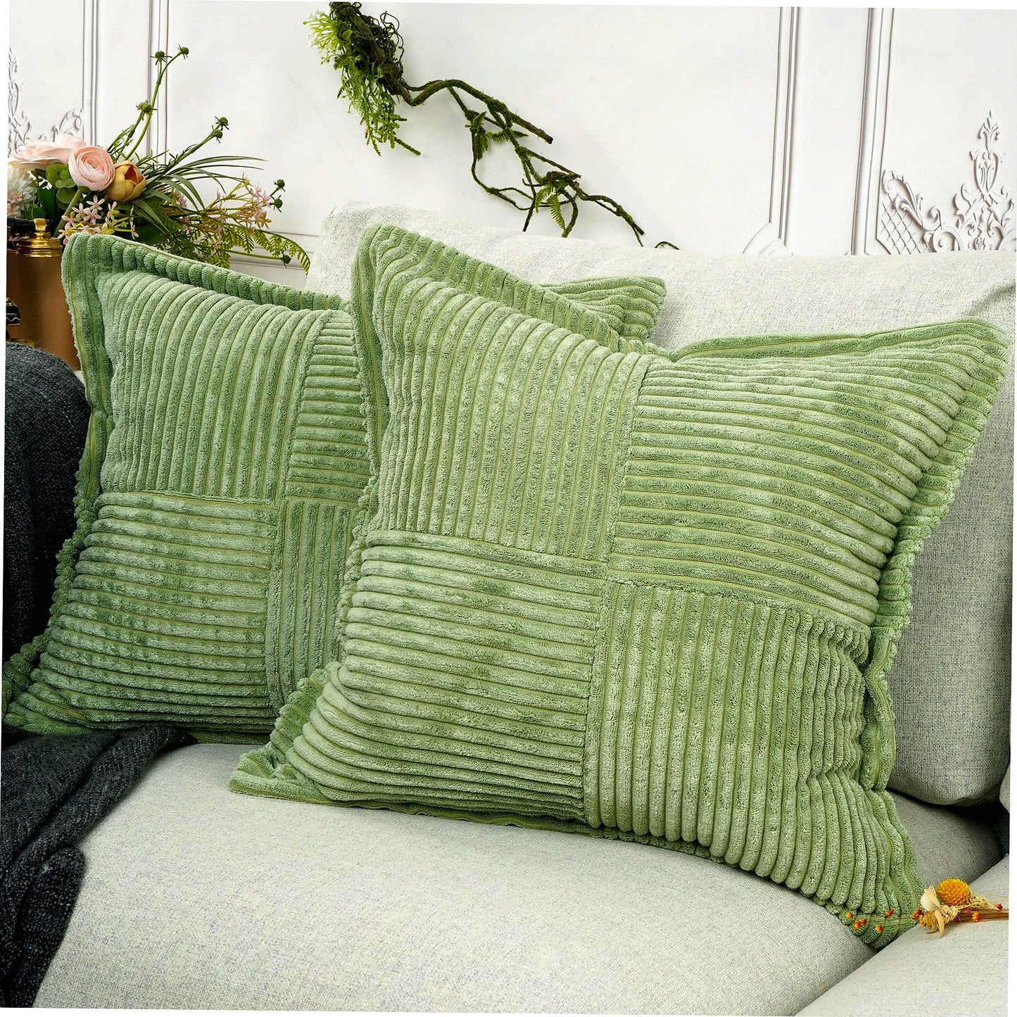 Boho Stripe Corduroy Pillow Covers Set - Super Soft Splicing Decorative Throw Pillows - Broadside Textured Cushion Covers for Couch - 18x18 Sage Green