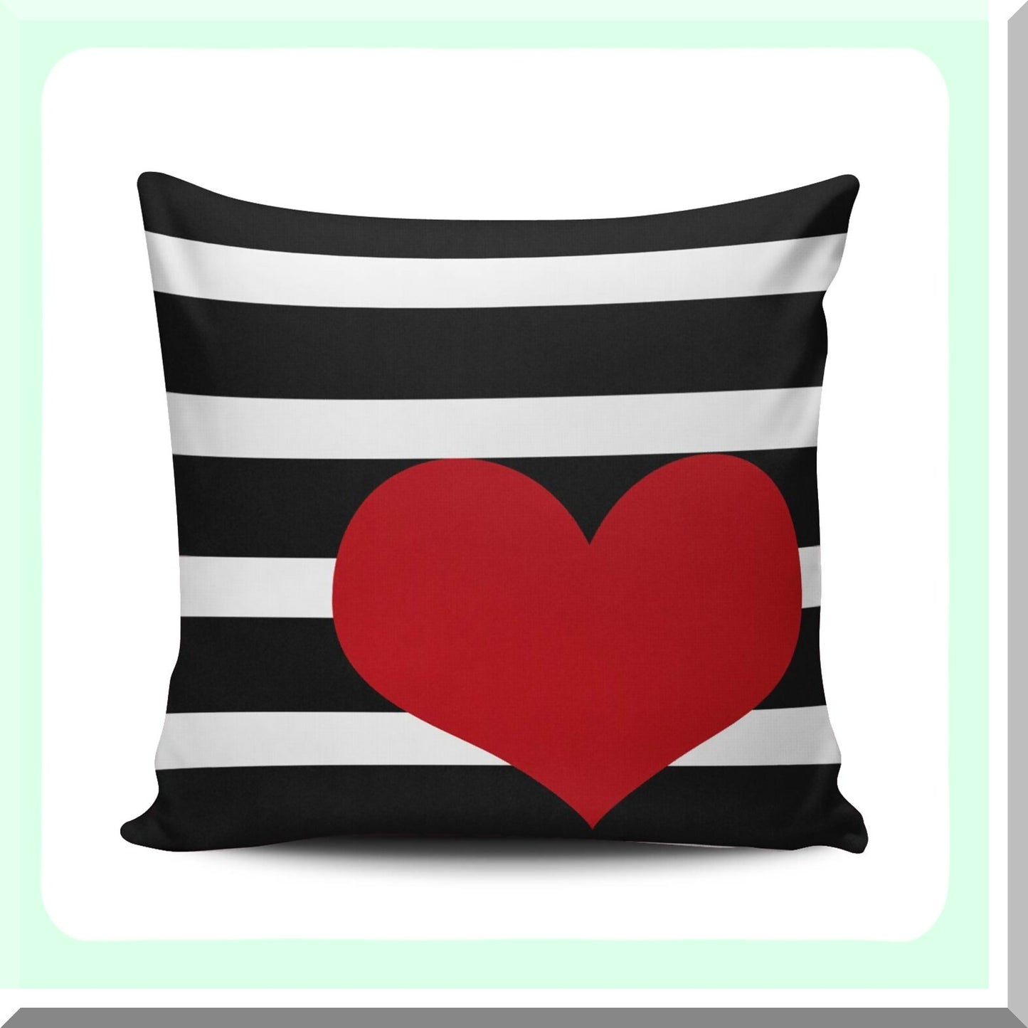 Heart Stripe Decorative Pillow Cover - Red & White Cushion Case, Cute Square Throw Pillowcase, 16x16 Inch One Side Design, Black Accent