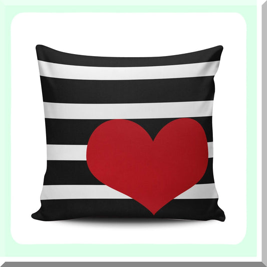 Heart Stripe Decorative Pillow Cover - Red & White Cushion Case, Cute Square Throw Pillowcase, 16x16 Inch One Side Design, Black Accent