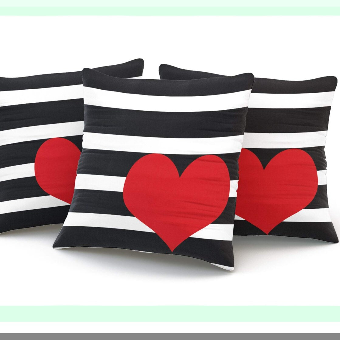 Heart Stripe Decorative Pillow Cover - Red & White Cushion Case, Cute Square Throw Pillowcase, 16x16 Inch One Side Design, Black Accent