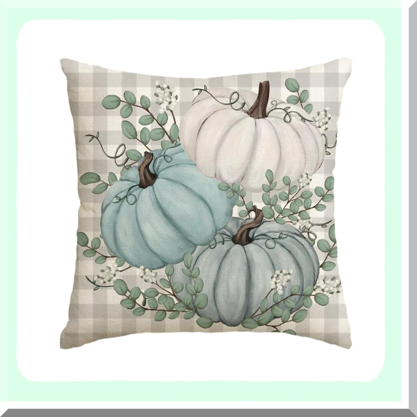 Plaid Pumpkin Eucalyptus Harvest Throw Pillow - Fall Autumn Thanksgiving Decor - 18x18 Inch Sofa Couch Cover - Home Decoration