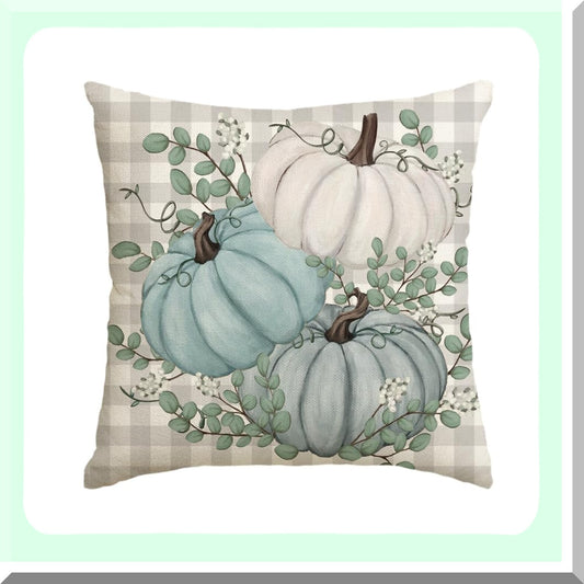 Plaid Pumpkin Eucalyptus Harvest Throw Pillow - Fall Autumn Thanksgiving Decor - 18x18 Inch Sofa Couch Cover - Home Decoration