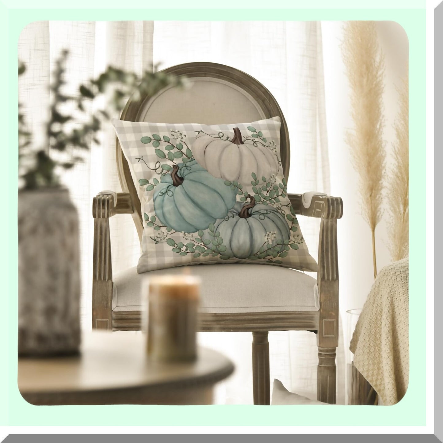 Plaid Pumpkin Eucalyptus Harvest Throw Pillow - Fall Autumn Thanksgiving Decor - 18x18 Inch Sofa Couch Cover - Home Decoration