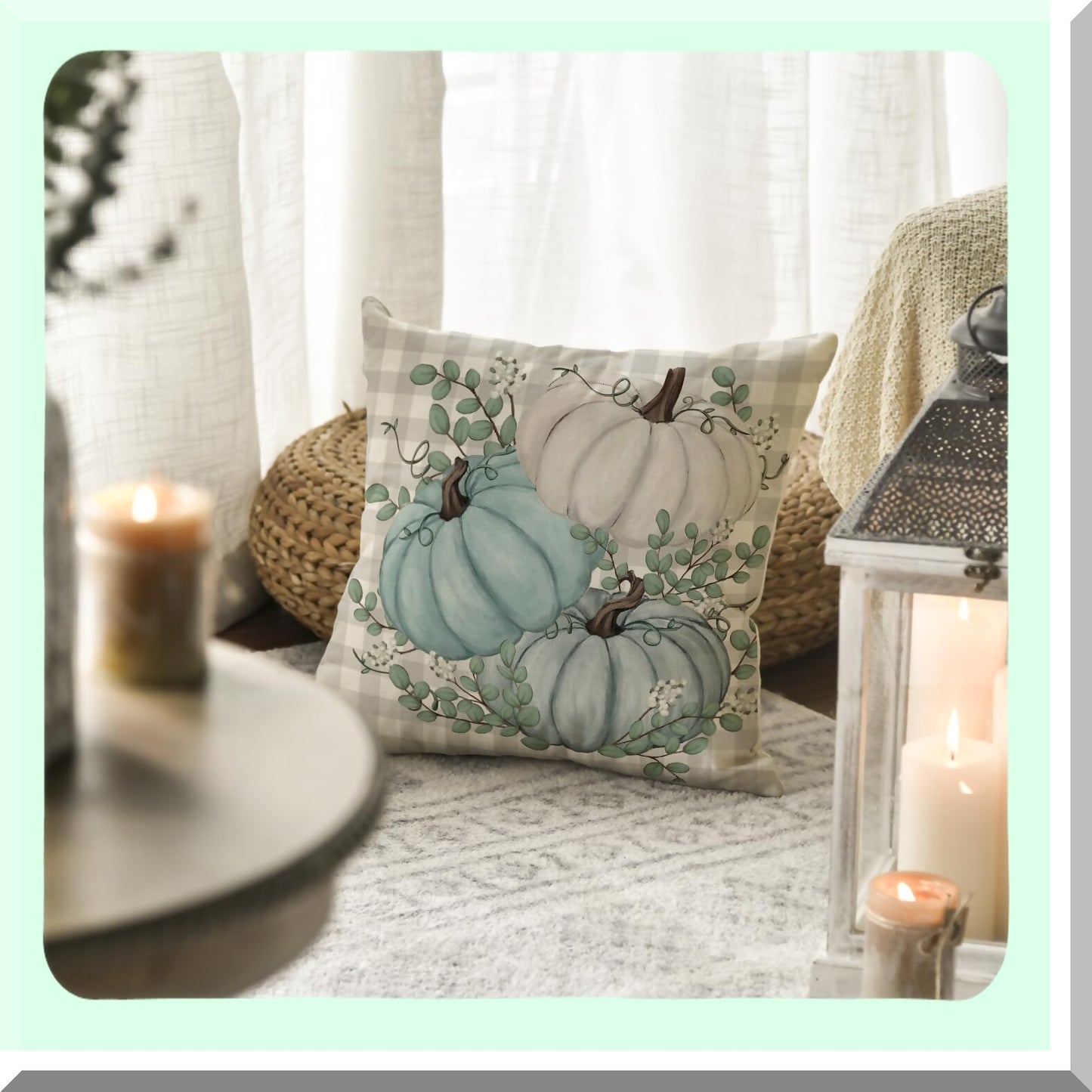 Plaid Pumpkin Eucalyptus Harvest Throw Pillow - Fall Autumn Thanksgiving Decor - 18x18 Inch Sofa Couch Cover - Home Decoration