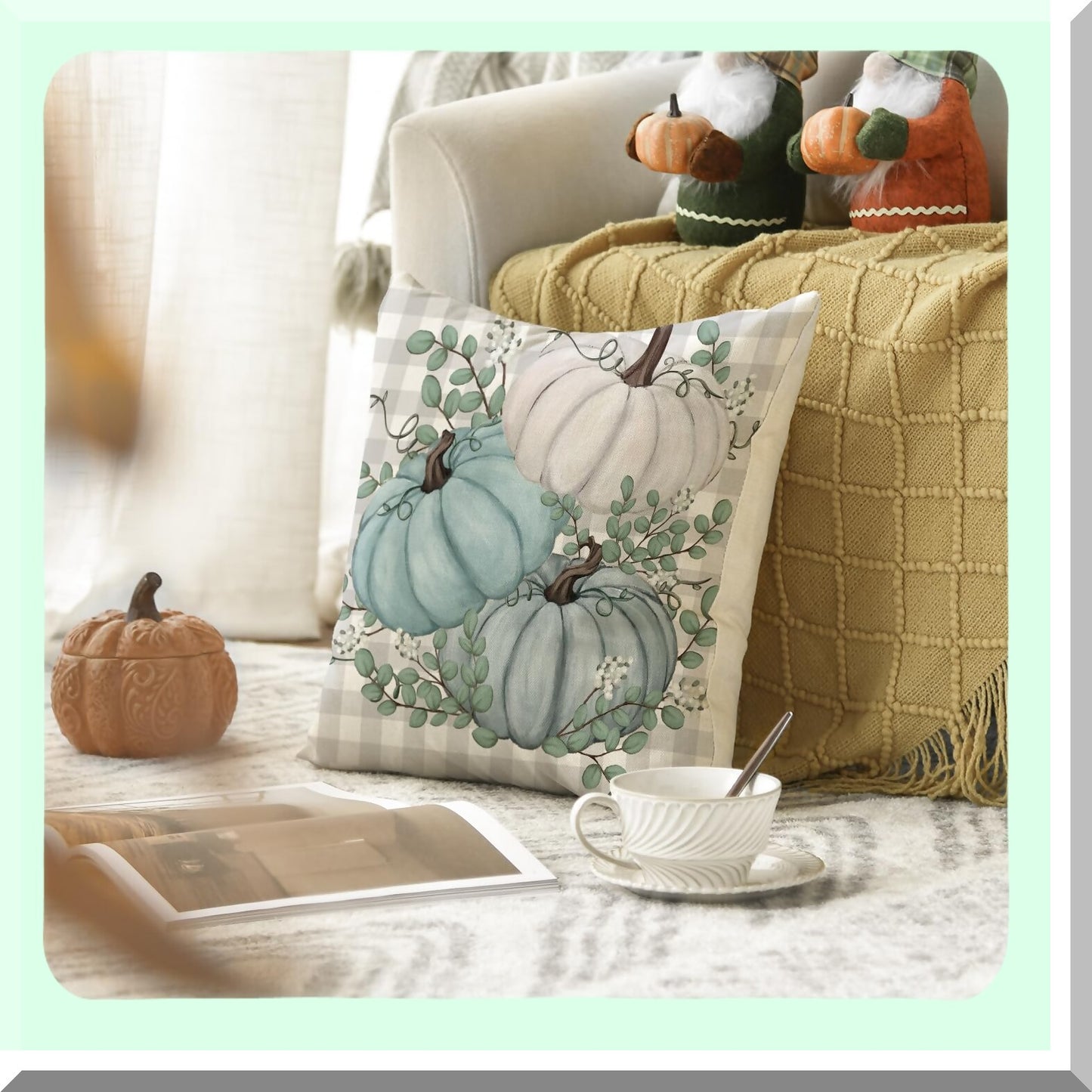 Plaid Pumpkin Eucalyptus Harvest Throw Pillow - Fall Autumn Thanksgiving Decor - 18x18 Inch Sofa Couch Cover - Home Decoration