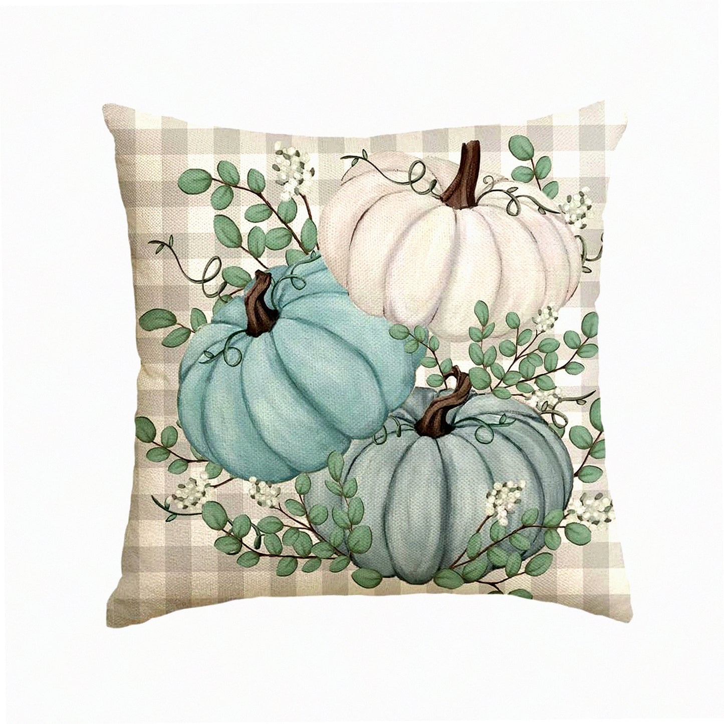 Plaid Pumpkin Eucalyptus Harvest Throw Pillow - Fall Autumn Thanksgiving Decor - 18x18 Inch Sofa Couch Cover - Home Decoration
