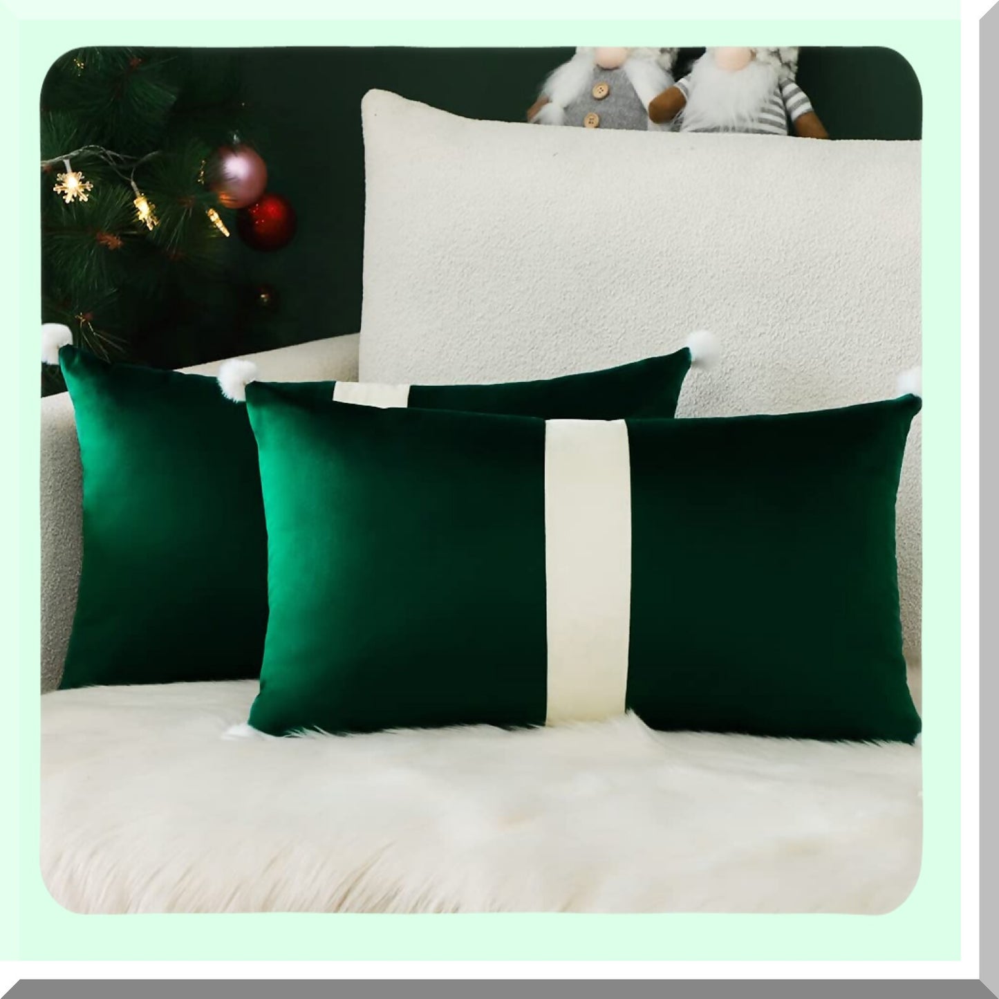 Luxury Velvet Pom-Pom Lumbar Pillow Covers - Beige Green Patchwork Decorative Throw Cushion Cases for Sofa Bed - Set of 2 - 12X20 Inches