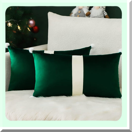 Luxury Velvet Pom-Pom Lumbar Pillow Covers - Beige Green Patchwork Decorative Throw Cushion Cases for Sofa Bed - Set of 2 - 12X20 Inches