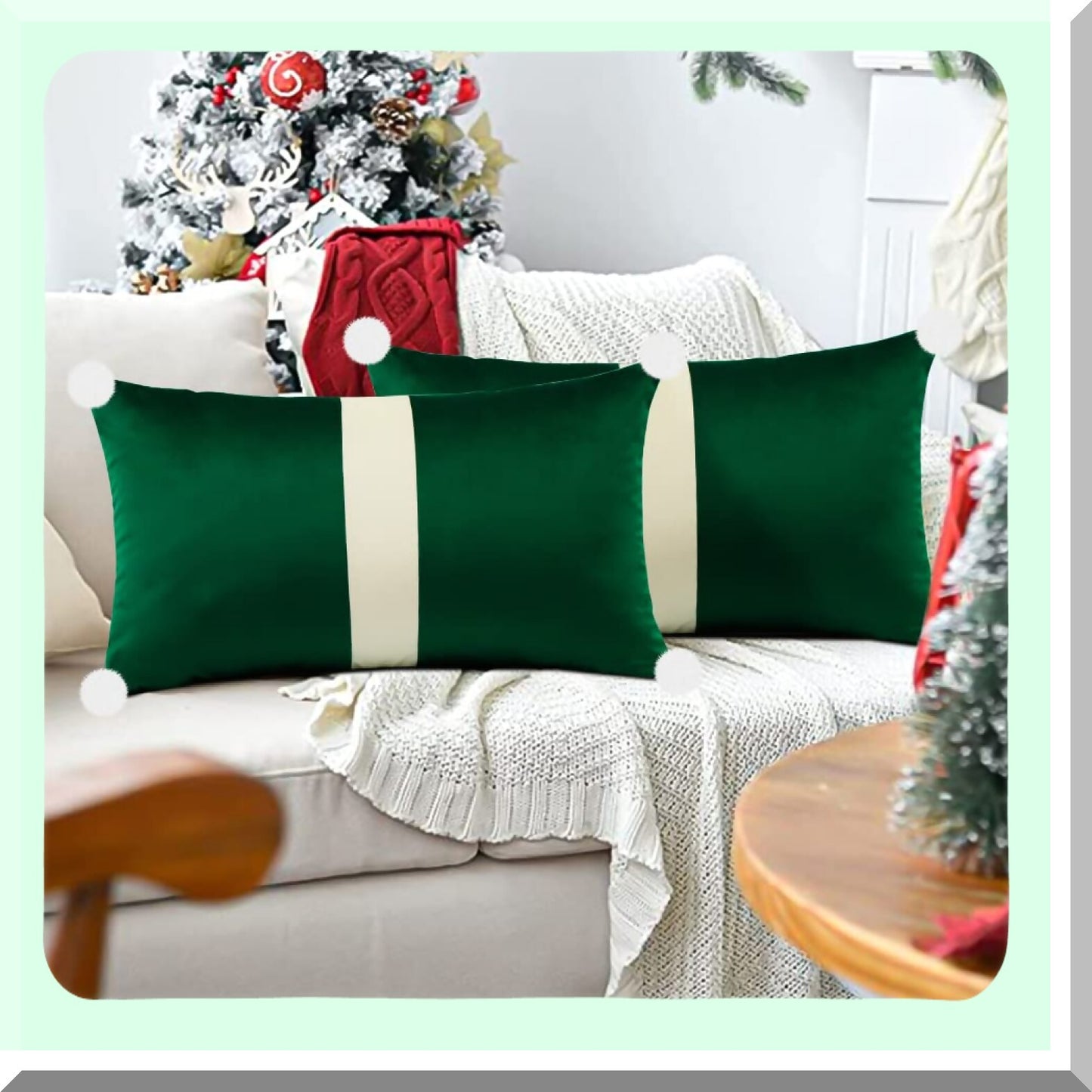 Luxury Velvet Pom-Pom Lumbar Pillow Covers - Beige Green Patchwork Decorative Throw Cushion Cases for Sofa Bed - Set of 2 - 12X20 Inches