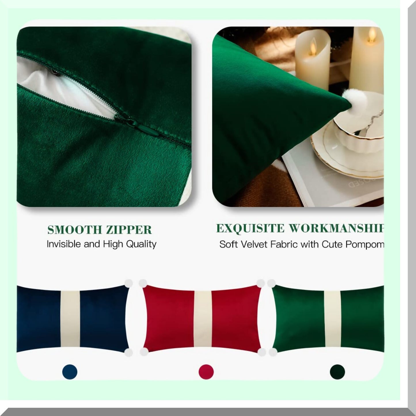 Luxury Velvet Pom-Pom Lumbar Pillow Covers - Beige Green Patchwork Decorative Throw Cushion Cases for Sofa Bed - Set of 2 - 12X20 Inches