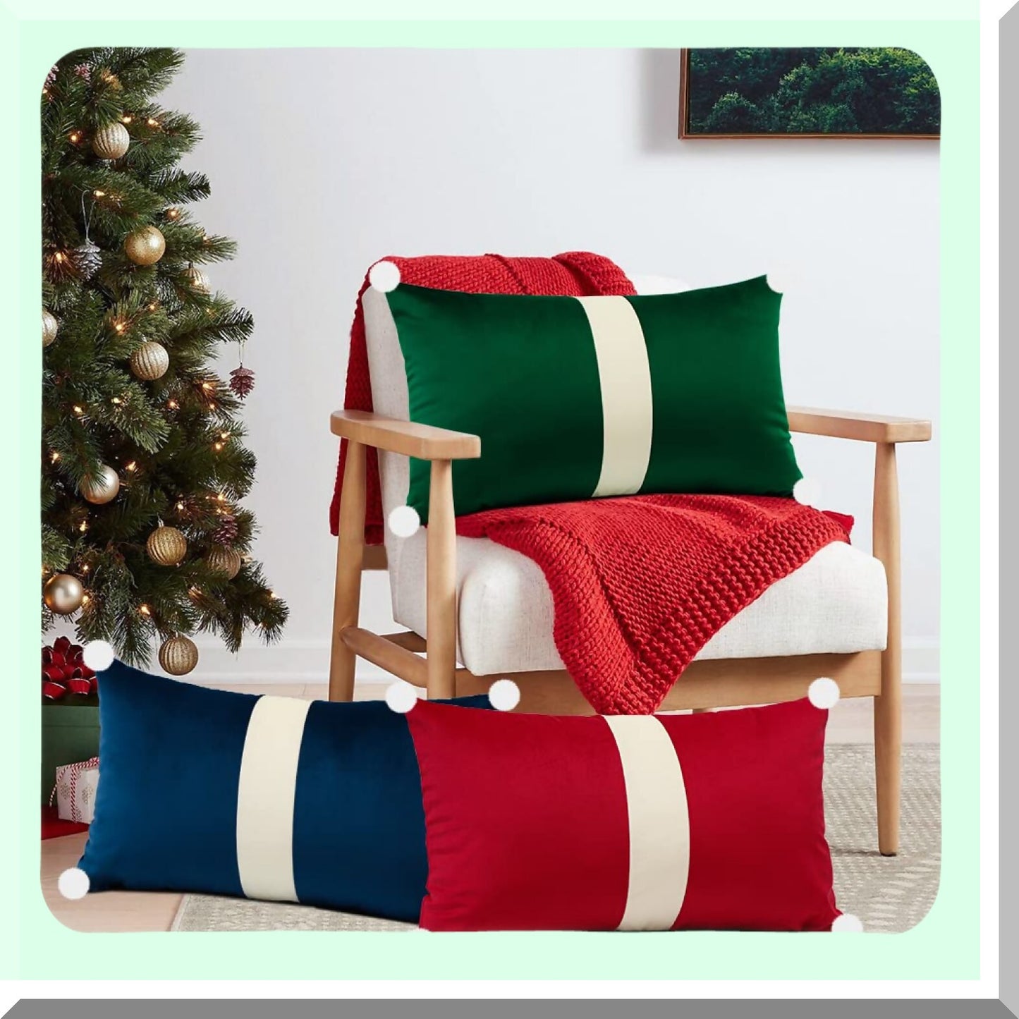 Luxury Velvet Pom-Pom Lumbar Pillow Covers - Beige Green Patchwork Decorative Throw Cushion Cases for Sofa Bed - Set of 2 - 12X20 Inches