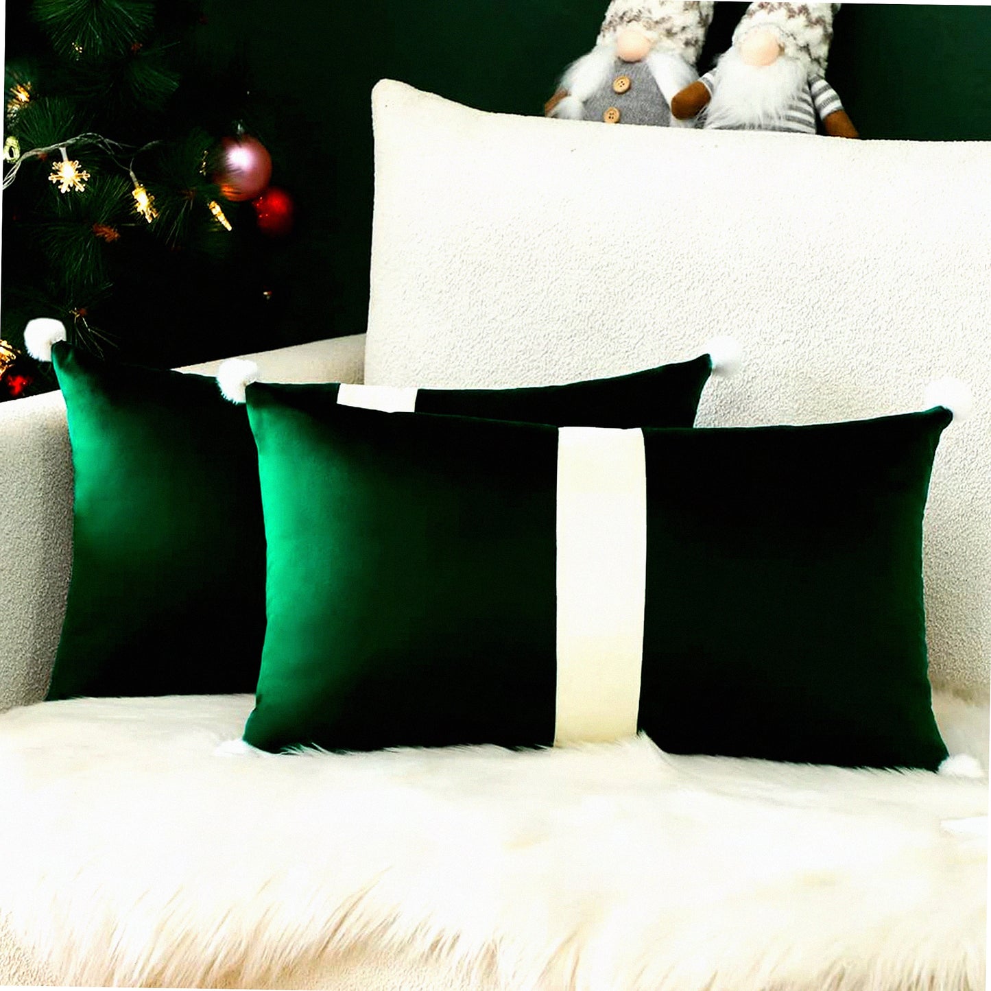 Luxury Velvet Pom-Pom Lumbar Pillow Covers - Beige Green Patchwork Decorative Throw Cushion Cases for Sofa Bed - Set of 2 - 12X20 Inches