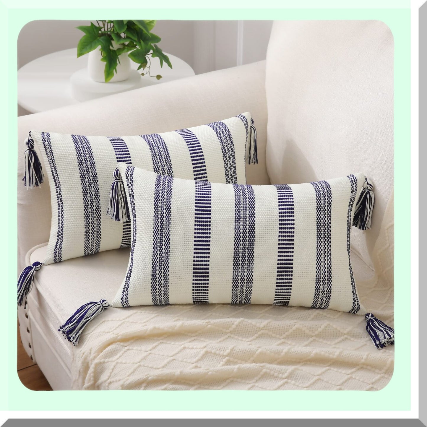 Striped Boho Lumbar Pillow Covers Set - Navy Blue & Cream White Decorative Outdoor Throw Pillow Covers for Couch Bed Sofa - 12x20 Inch with Tels