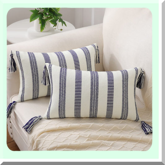 Striped Boho Lumbar Pillow Covers Set - Navy Blue & Cream White Decorative Outdoor Throw Pillow Covers for Couch Bed Sofa - 12x20 Inch with Tels