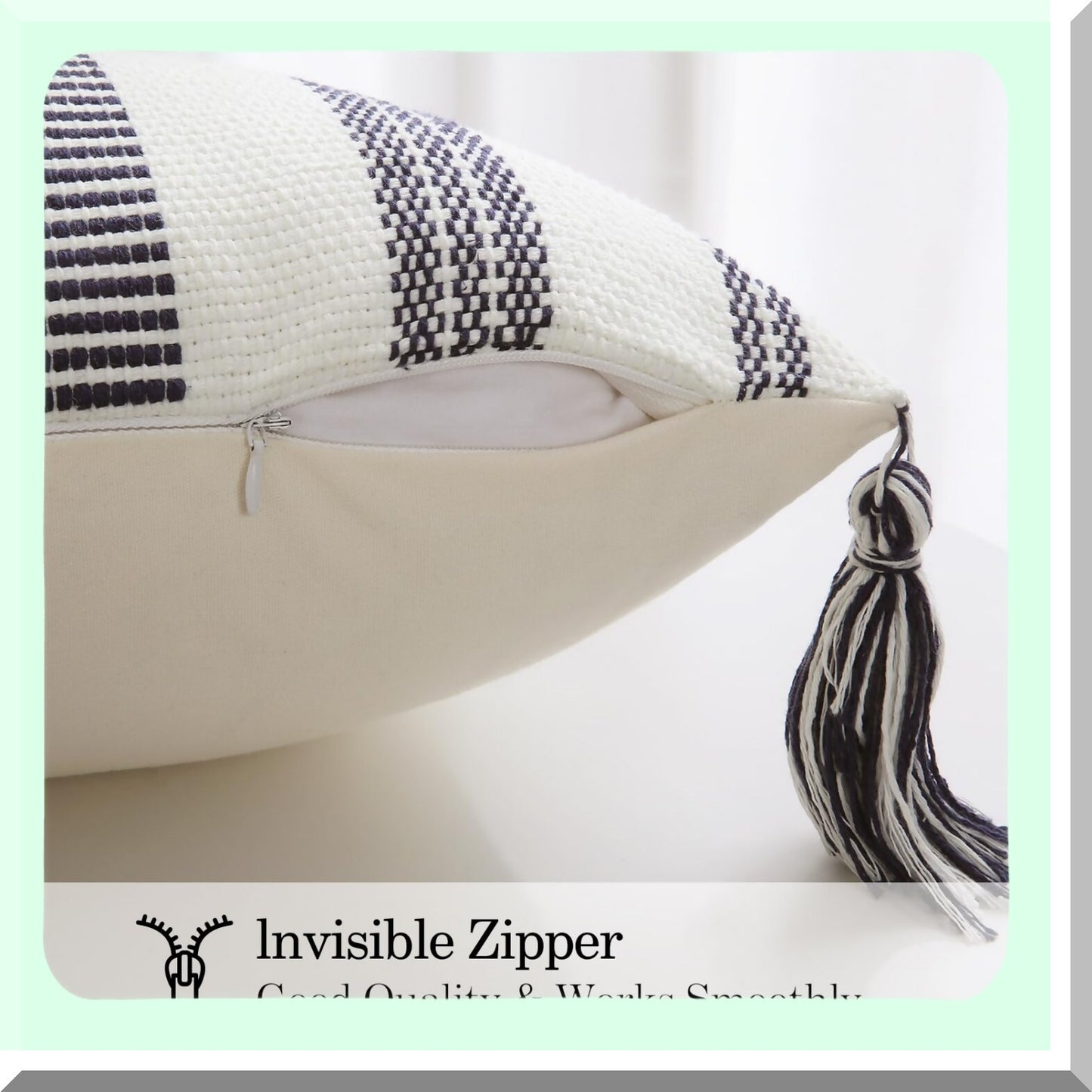 Striped Boho Lumbar Pillow Covers Set - Navy Blue & Cream White Decorative Outdoor Throw Pillow Covers for Couch Bed Sofa - 12x20 Inch with Tels